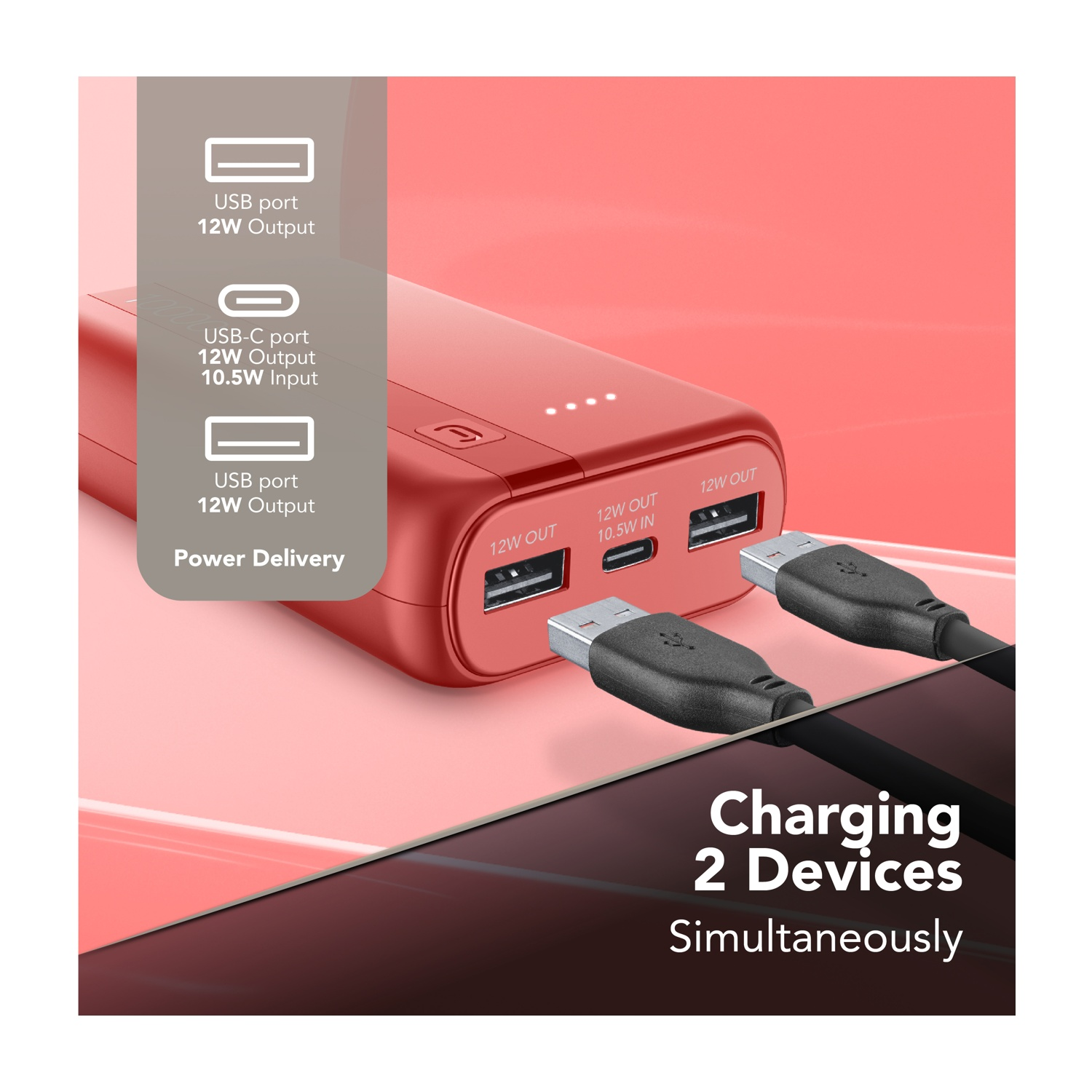 Un power bank rosso con due cavi neri collegati e indicatori di carica.