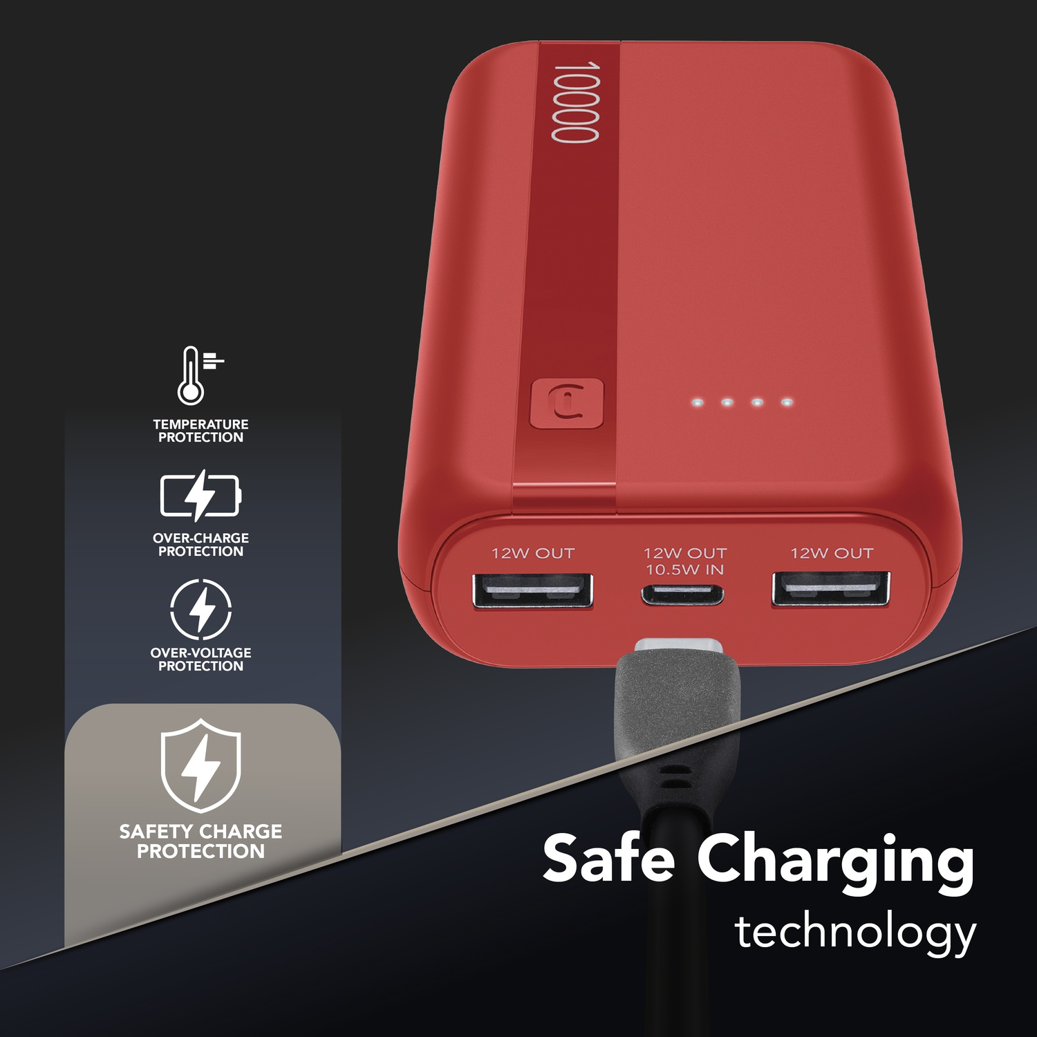 Power bank rossa da 10000 mAh con 3 porte USB e indicatori.