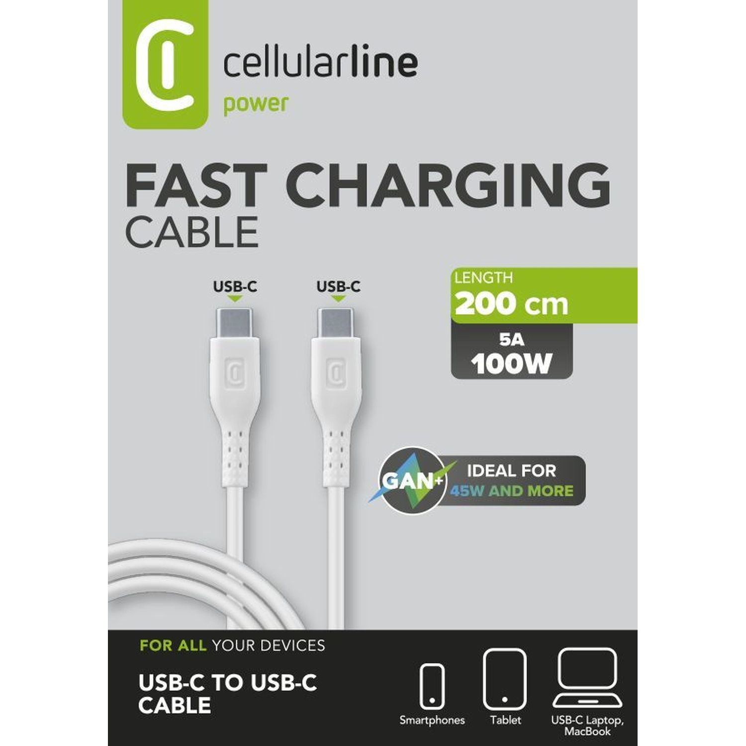 Cavo ricarica rapida Cellularline USB-C a USB-C, 200cm, 5A, 100W. Ideale per 45W+.