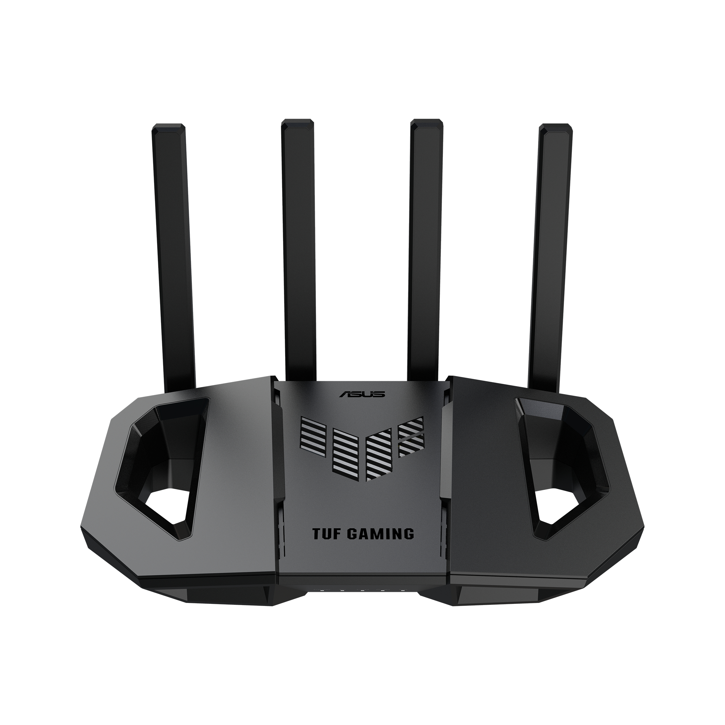 Schwarzer Router mit vier Antennen und TUF GAMING Logo, auf weißem Hintergrund.