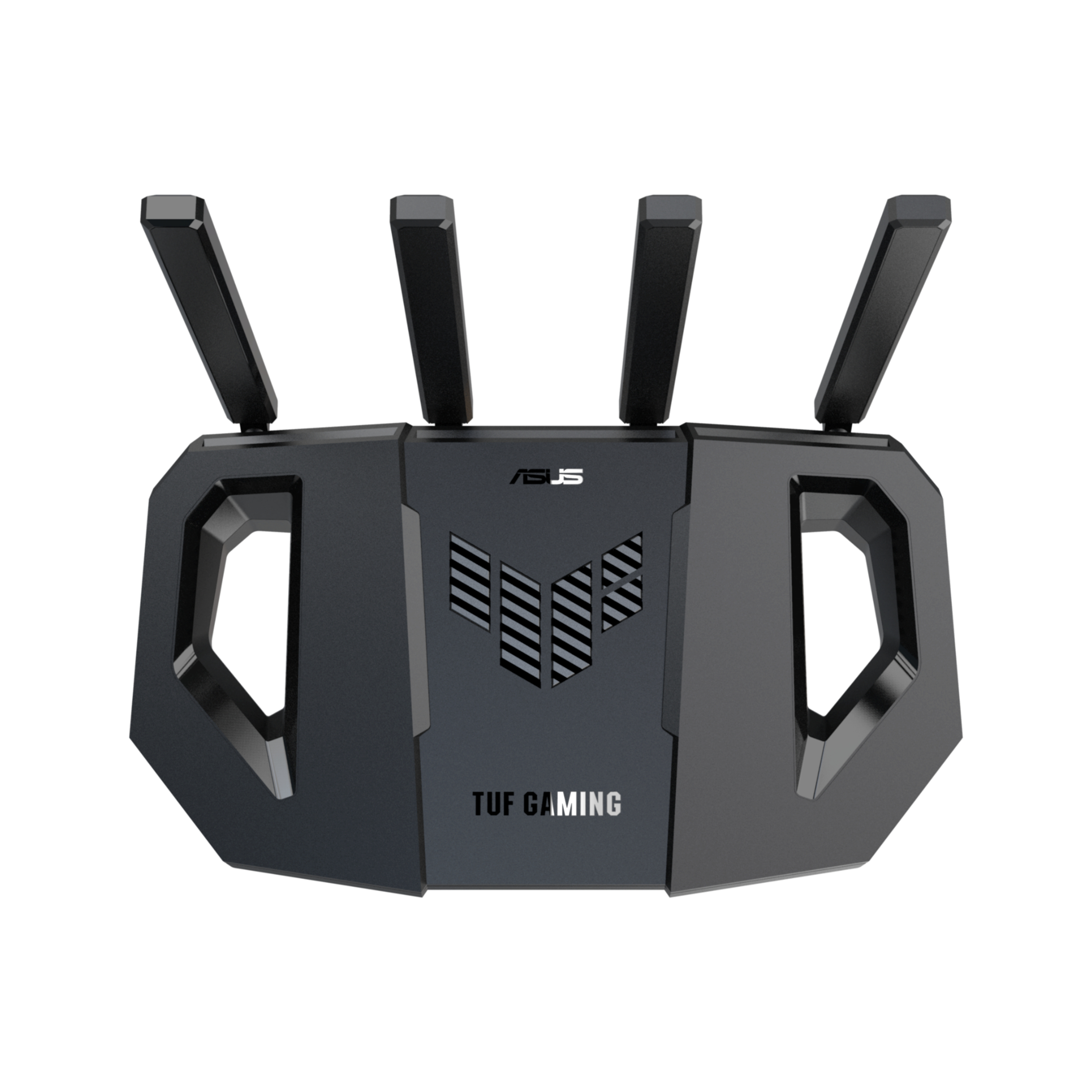 Ein schwarzer ASUS TUF Gaming WLAN-Router mit vier Antennen steht isoliert.