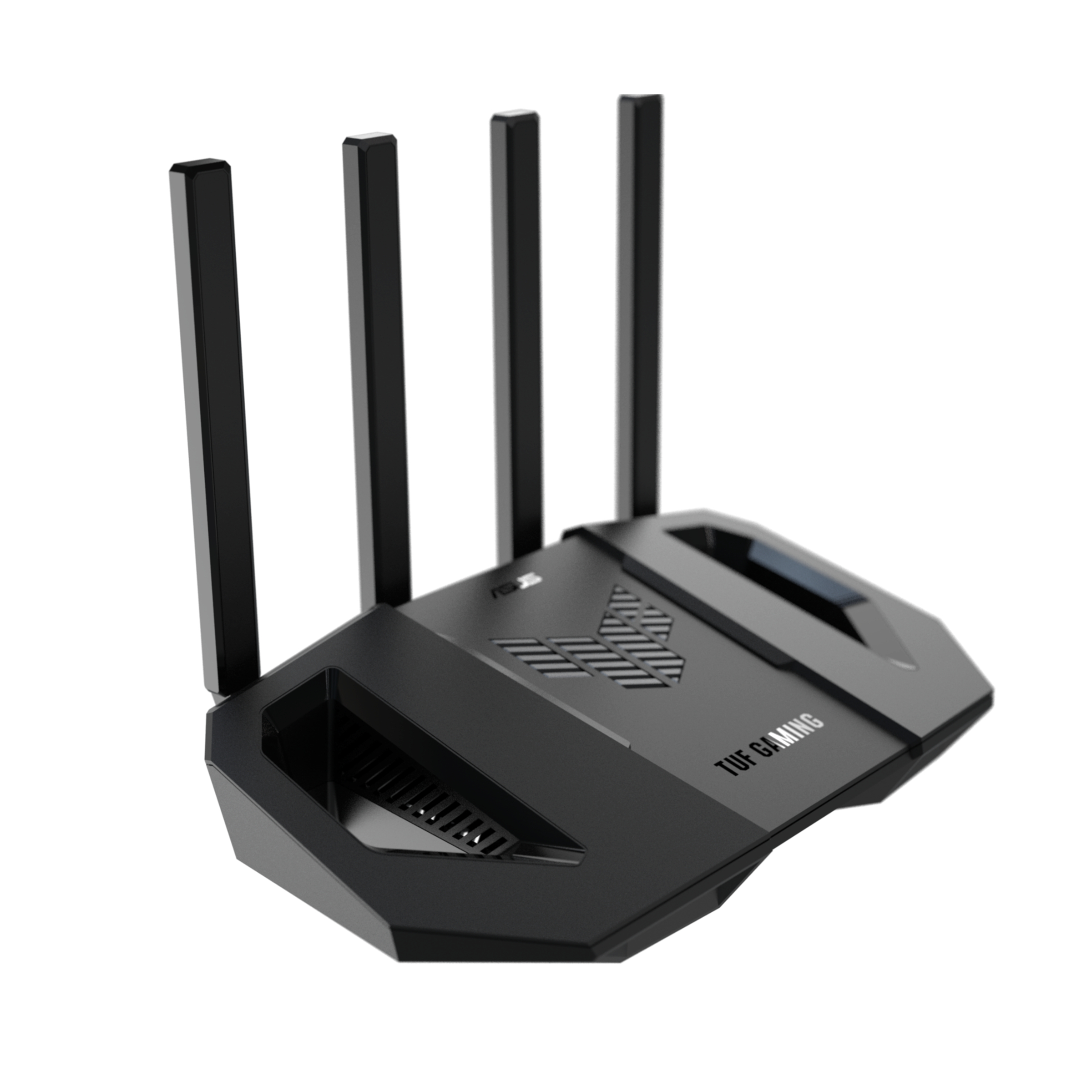 Ein schwarzer Router mit vier Antennen steht auf weißem Hintergrund.