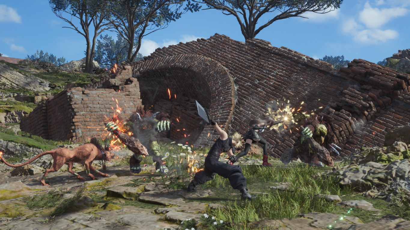 Bojownicy w czerni atakują potwory przed ceglanymi ruinami.