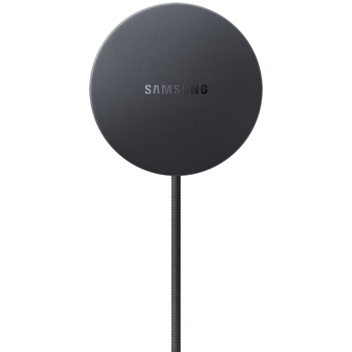 Black round Samsung wireless charger with cable on a white background.