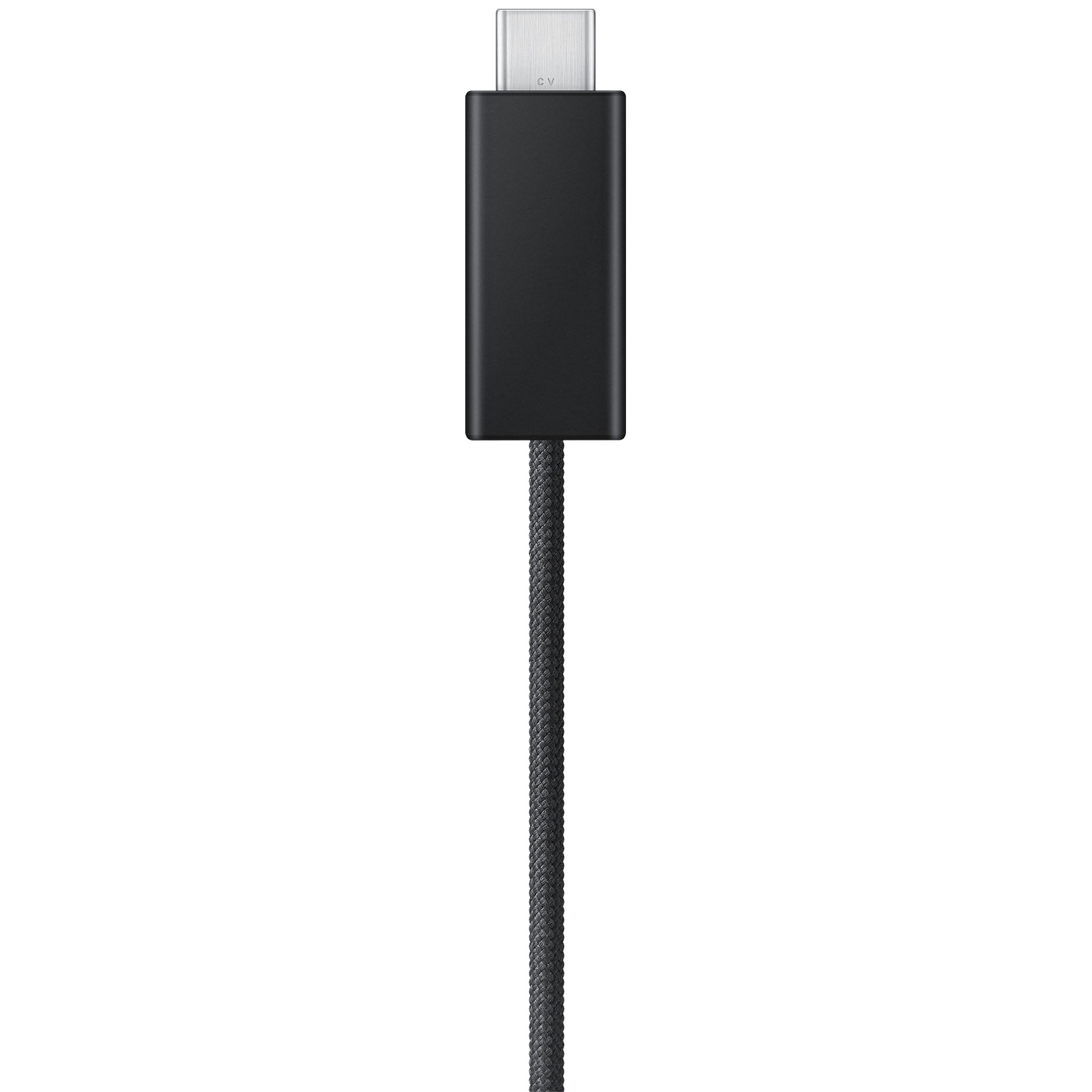 A black USB-C connector with a silver metal housing on a braided cable.