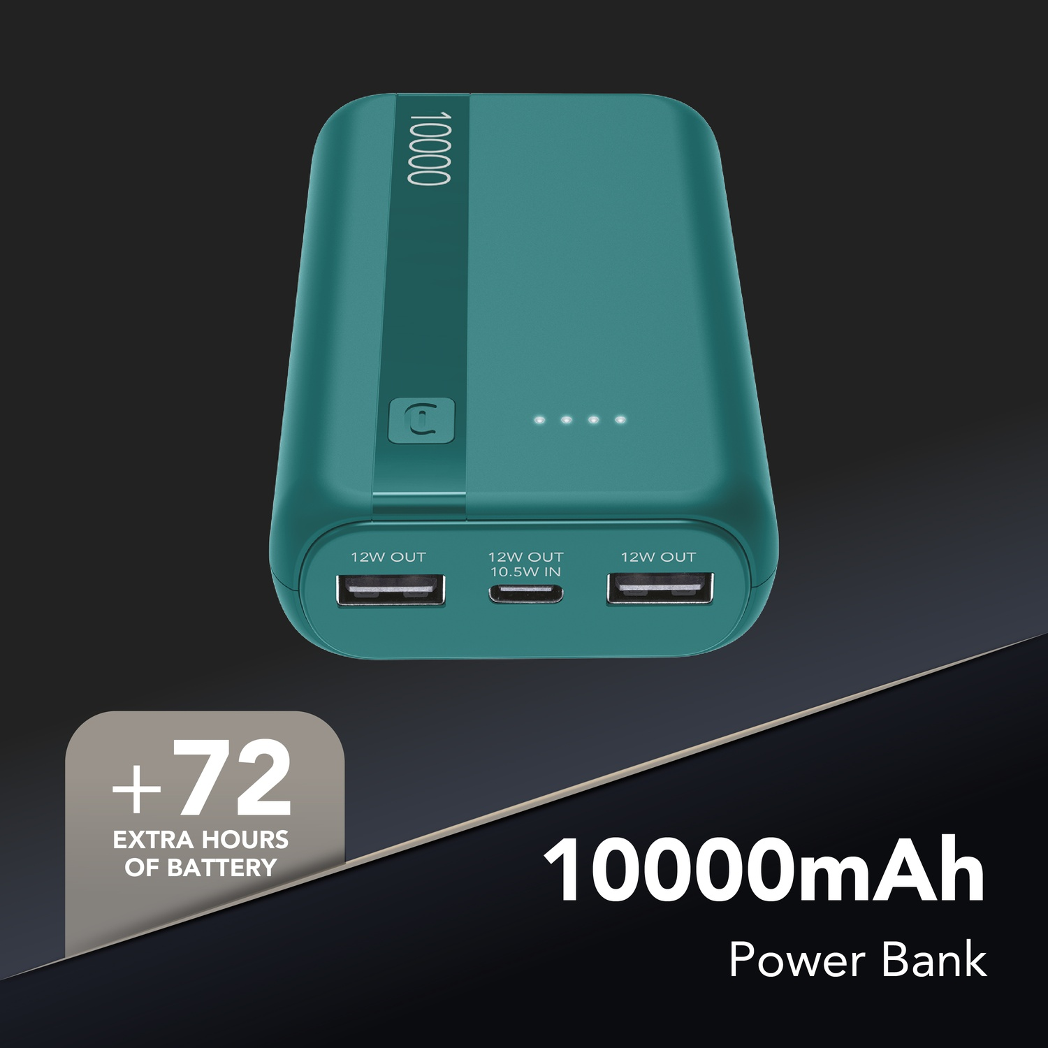 Power bank verde da 10000mAh con 3 porte USB e spie della batteria.