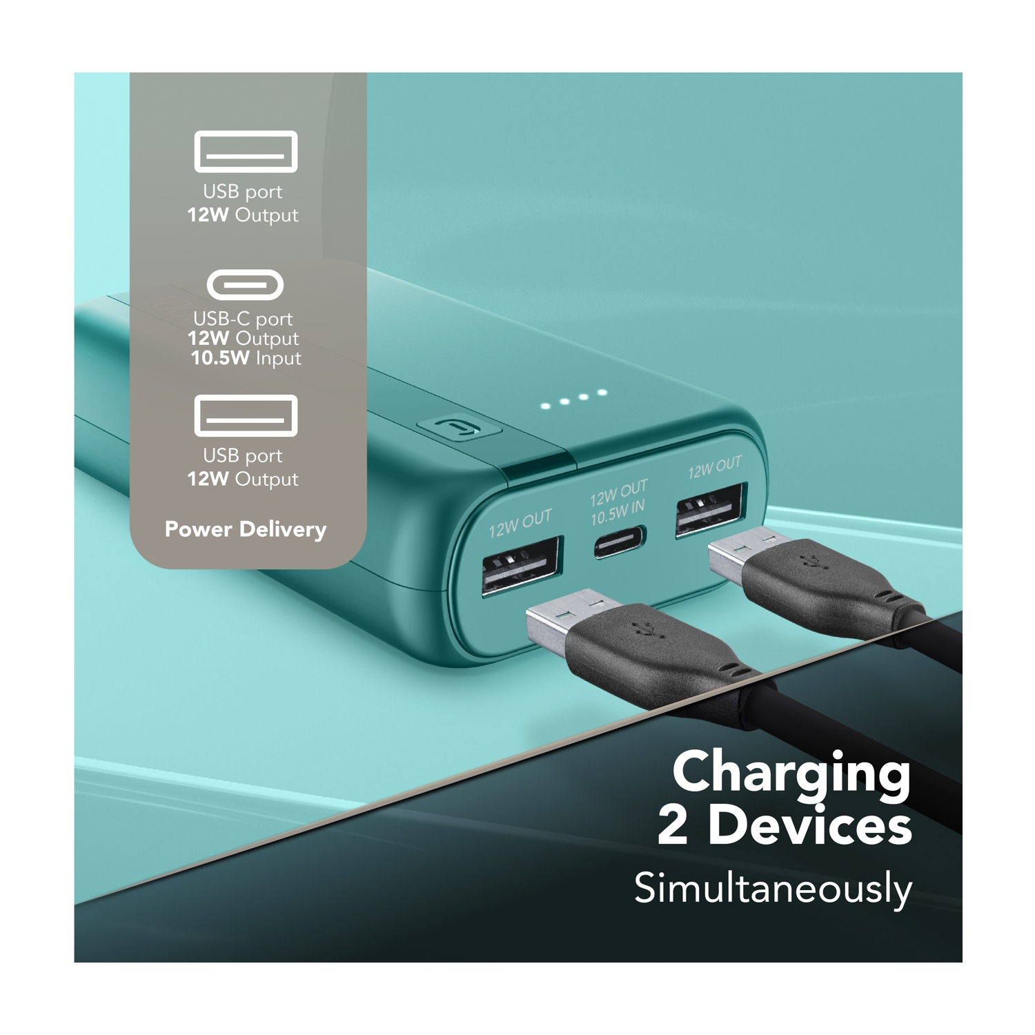 Un power bank verde acqua con due cavi USB collegati.