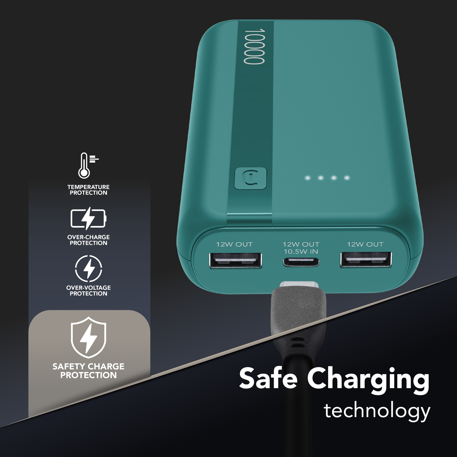 Power bank verde con tre porte USB e indicatori di carica.