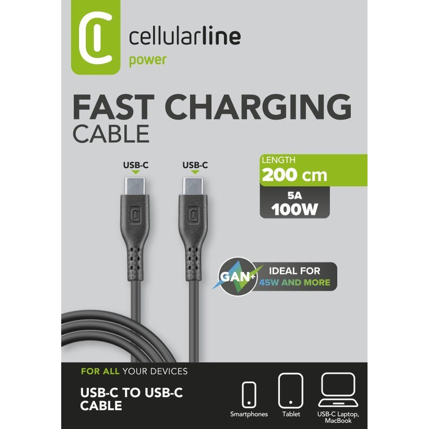 Cavo di ricarica Cellularline USB-C, 200cm, 100W. Ideale per smartphone, tablet, laptop.