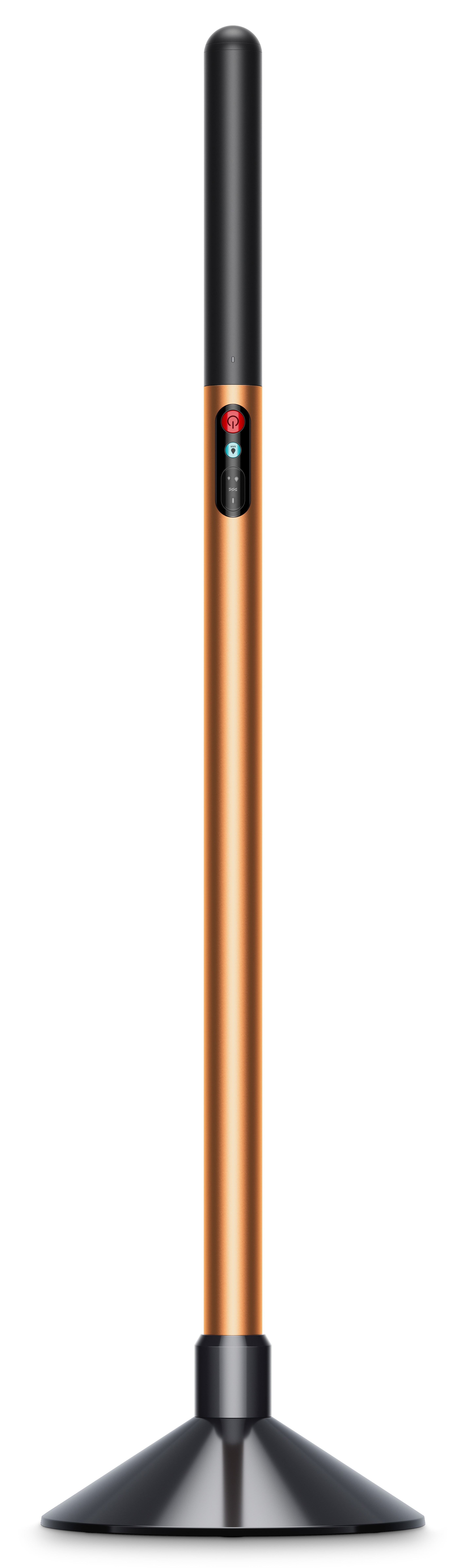 Smukły, miedziany trzon z czarną górą i podstawą, z przyciskami.