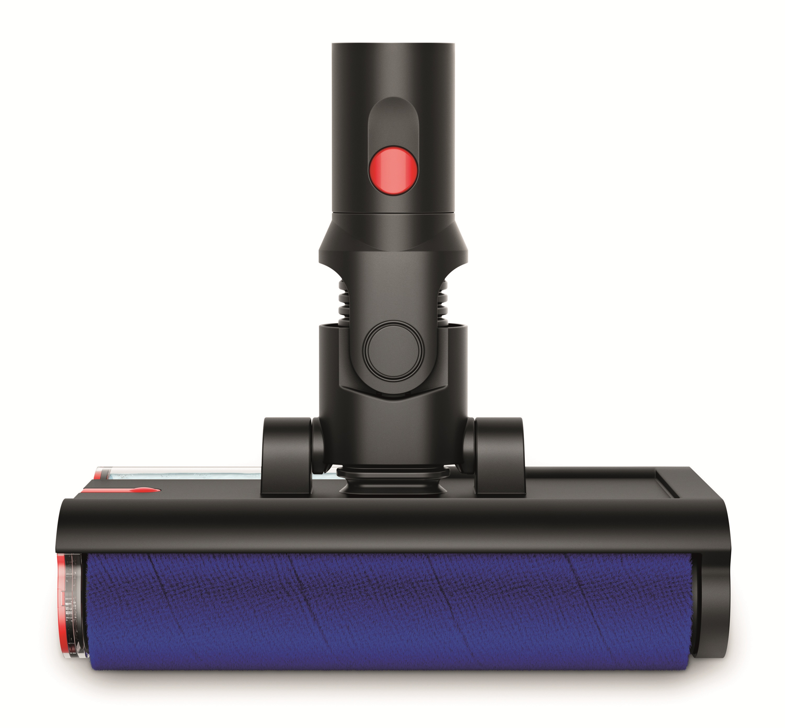 Czarna głowica odkurzacza z niebieską szczotką i czerwonym przyciskiem.