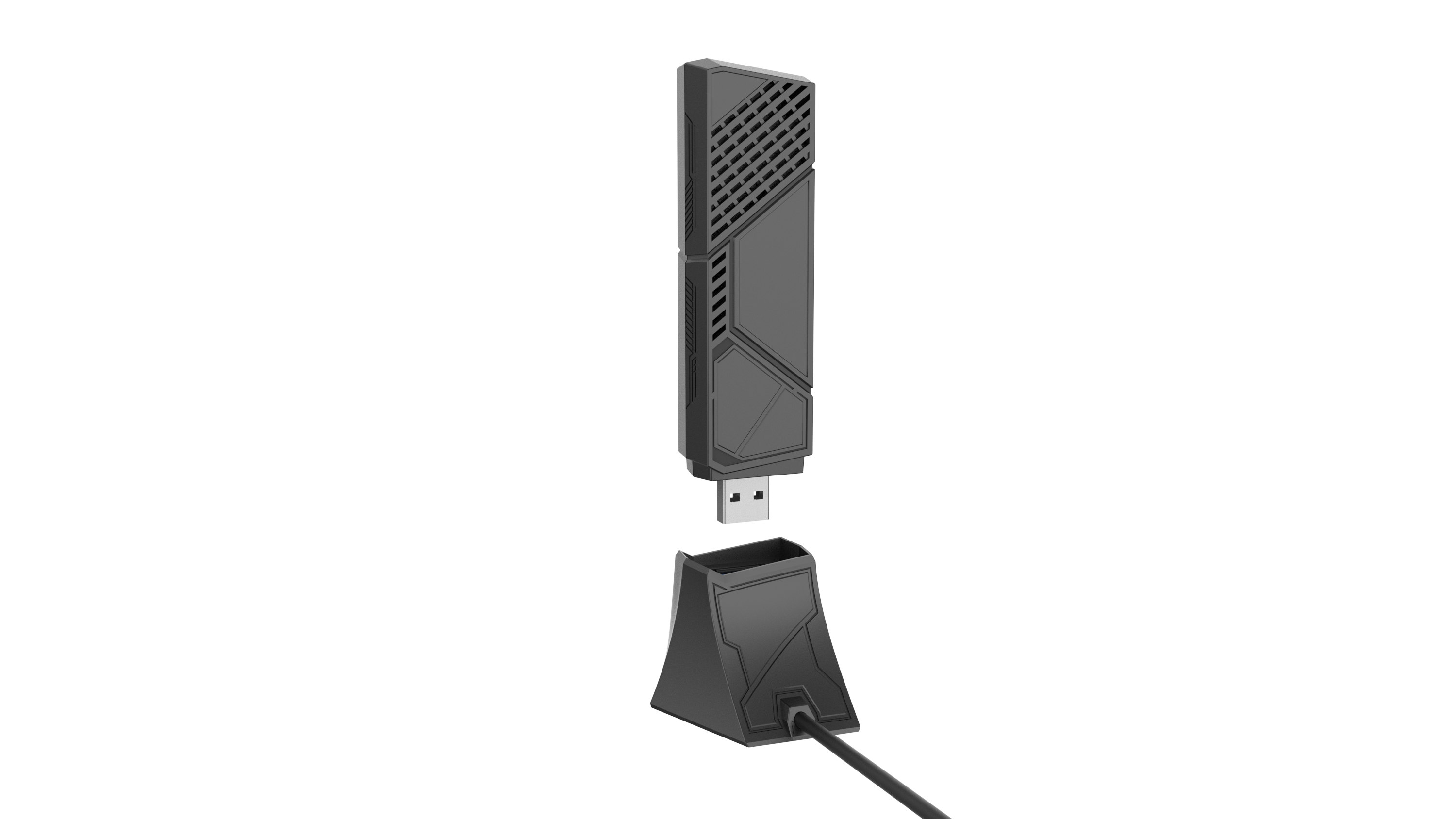 Ein grauer USB-Dongle mit einer Basisstation und einem Kabel.