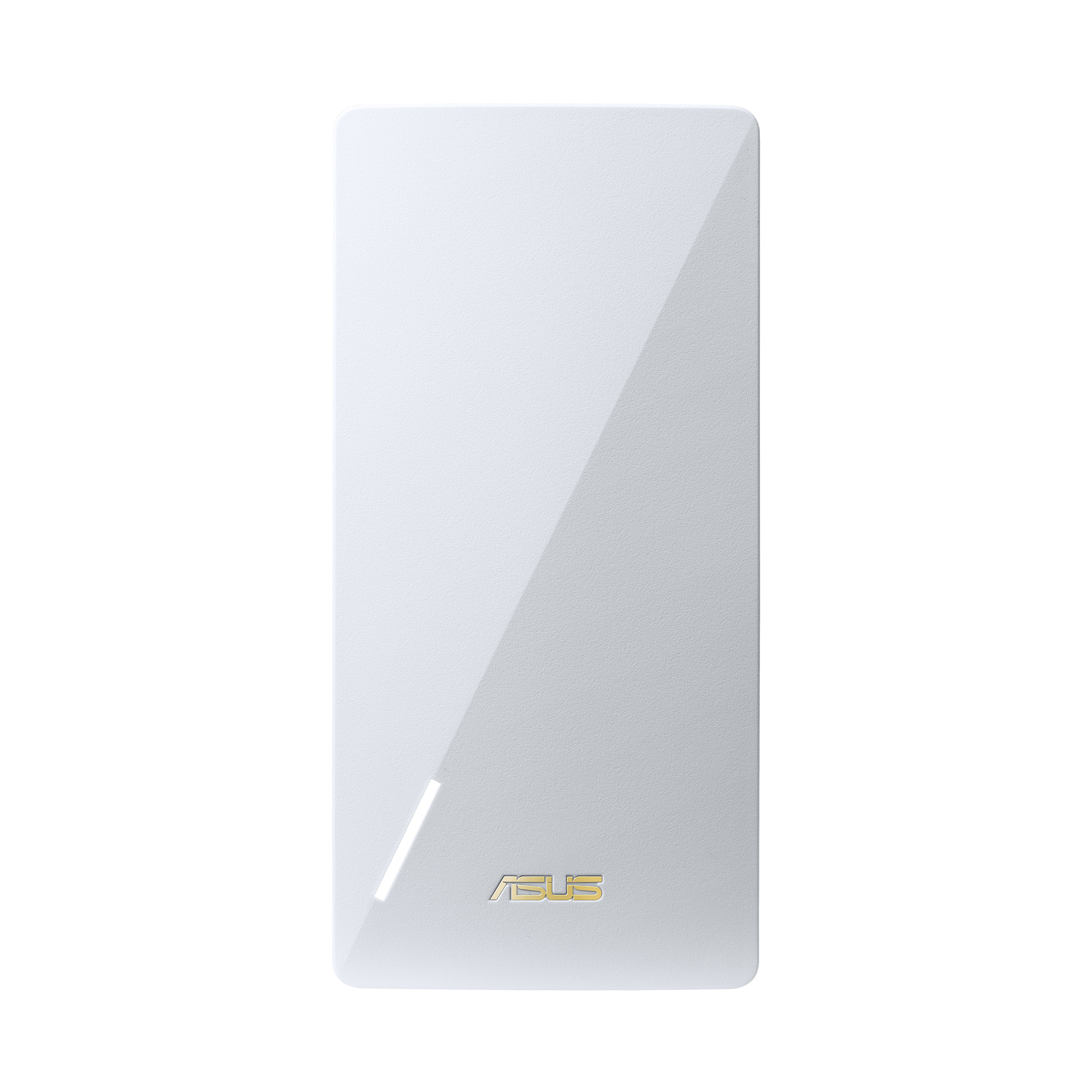 Ein weißes ASUS-Gerät mit einem diagonalen Lichtstreifen und goldenem Logo.