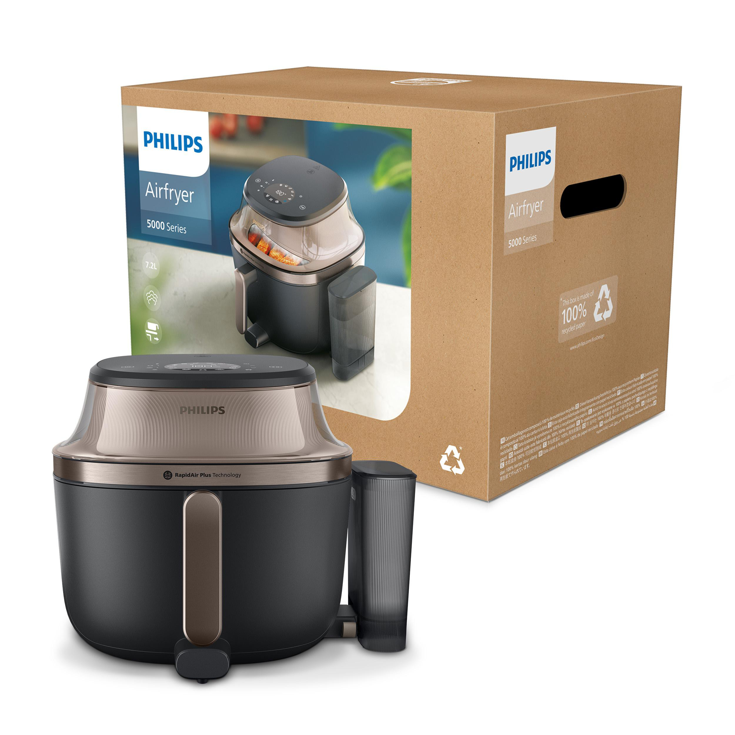 Philips Airfryer 5000 Serie in Schwarz und Kupfer mit Kartonverpackung.