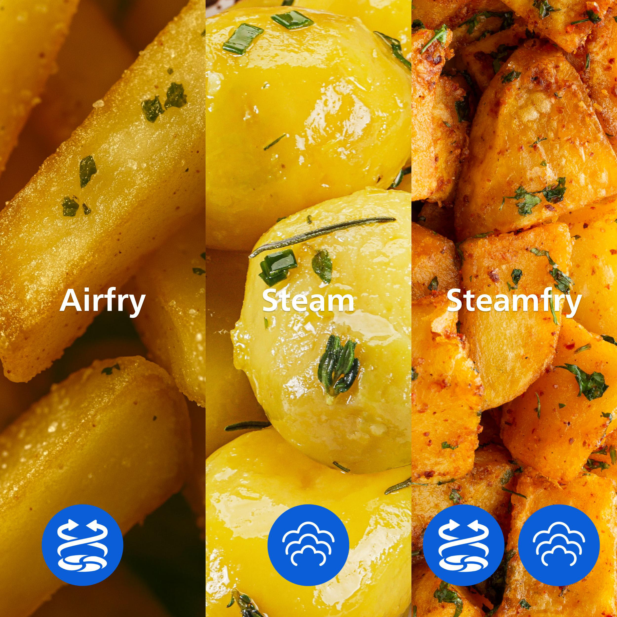 Drei Arten von Kartoffeln: luftfrittiert, gedämpft und gedämpft-frittiert.