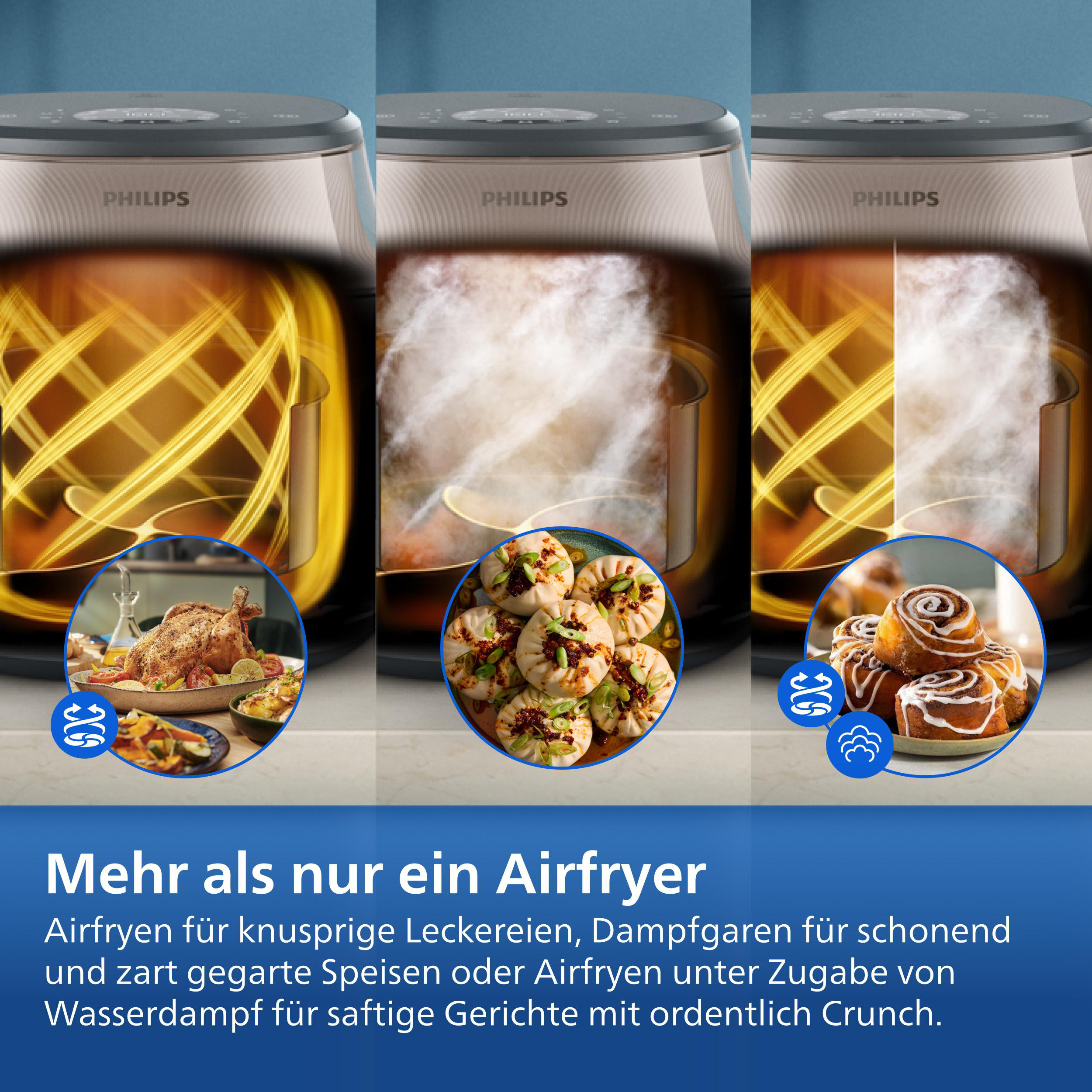Philips Airfryer zeigt Brathähnchen, Dampfgerichte und Zimtschnecken.