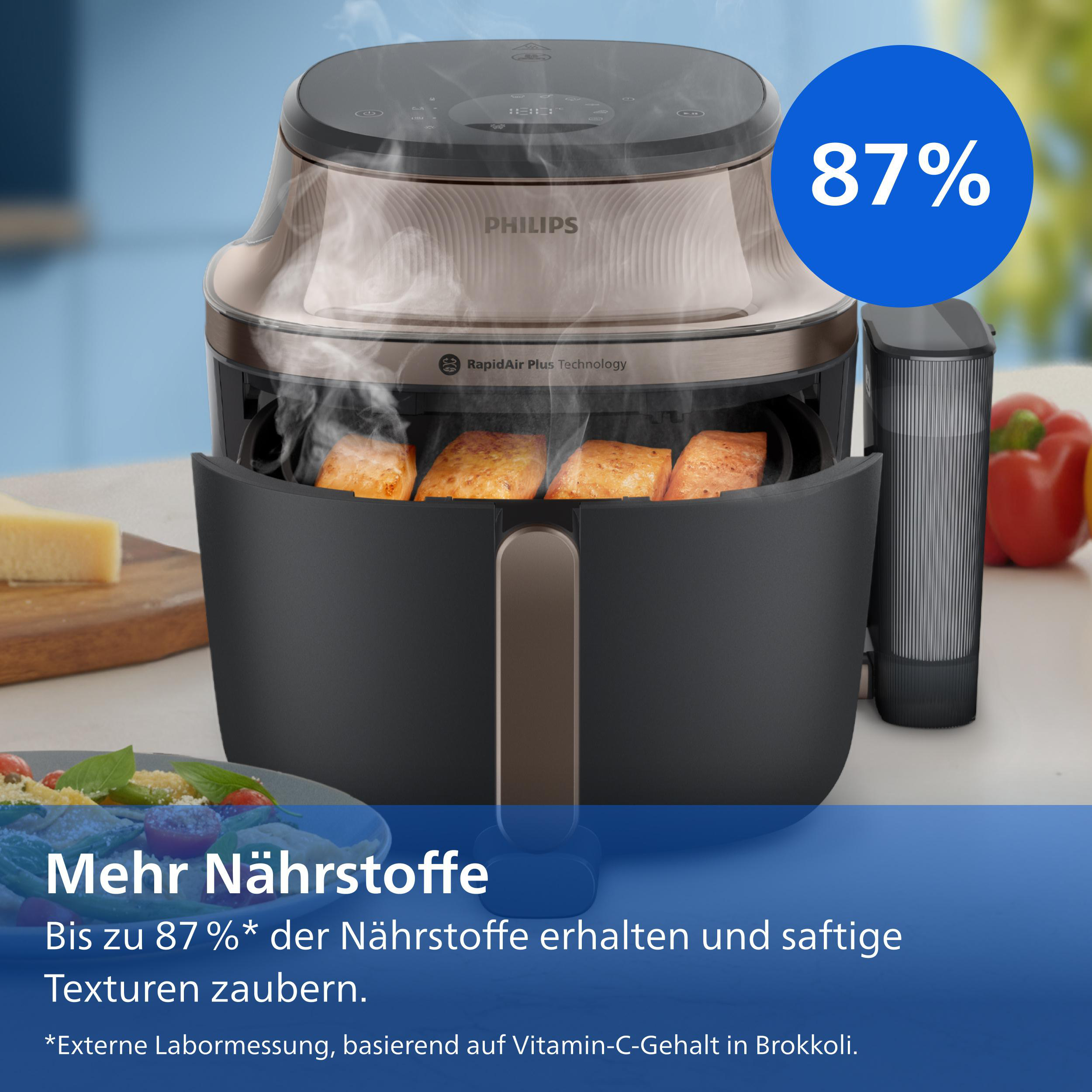 Airfryer mit dampfendem Lachs und Käse, mit Prozentangabe 87%.