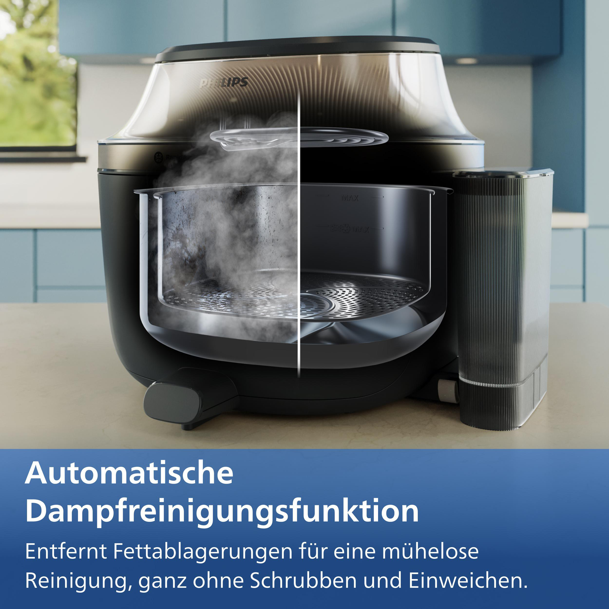 Ein Dampfgarer mit Selbstreinigungsfunktion, zeigt Dampf und Sauberkeit.