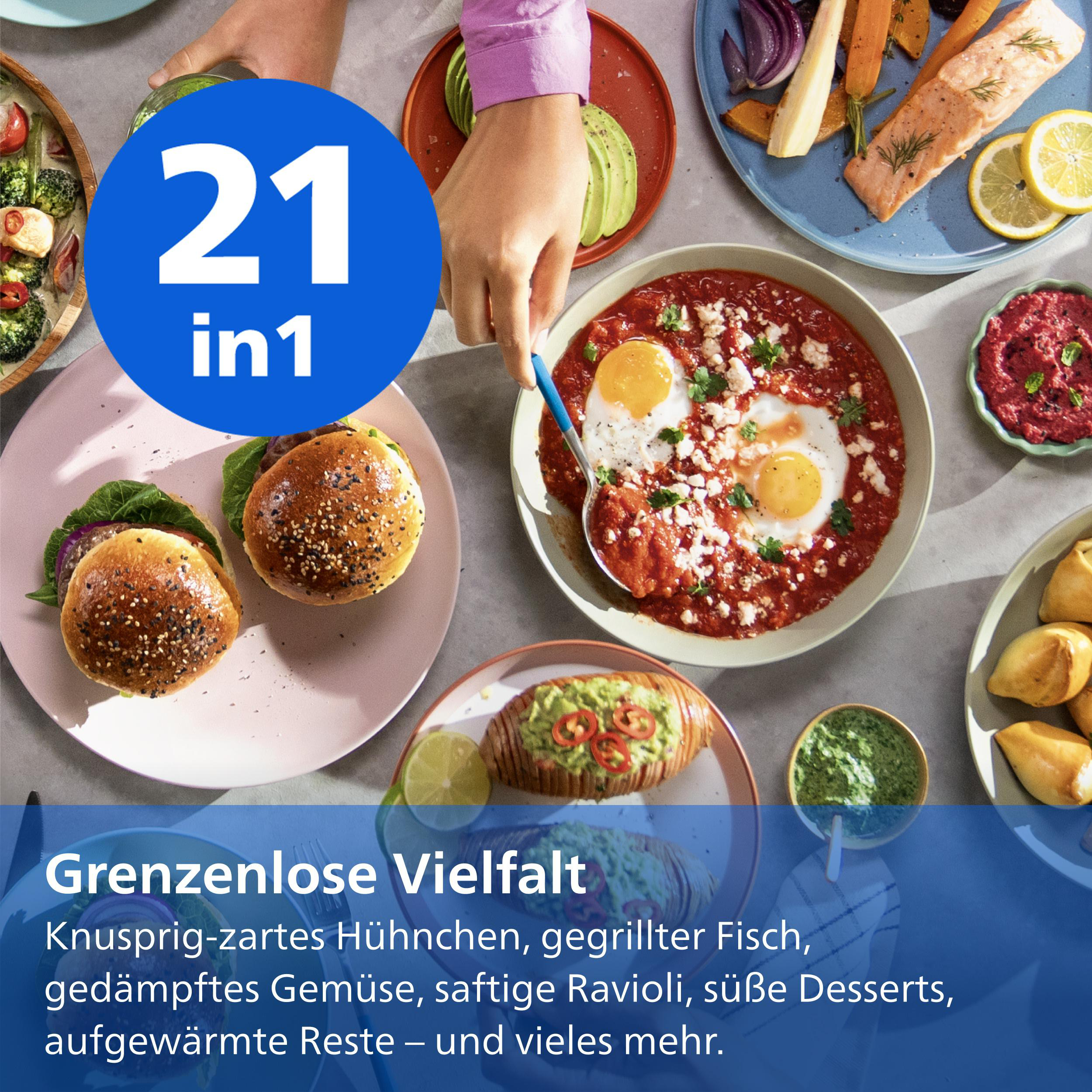 Vielfältige Gerichte: Fisch, Hühnchen, Gemüse, Burger, Desserts.