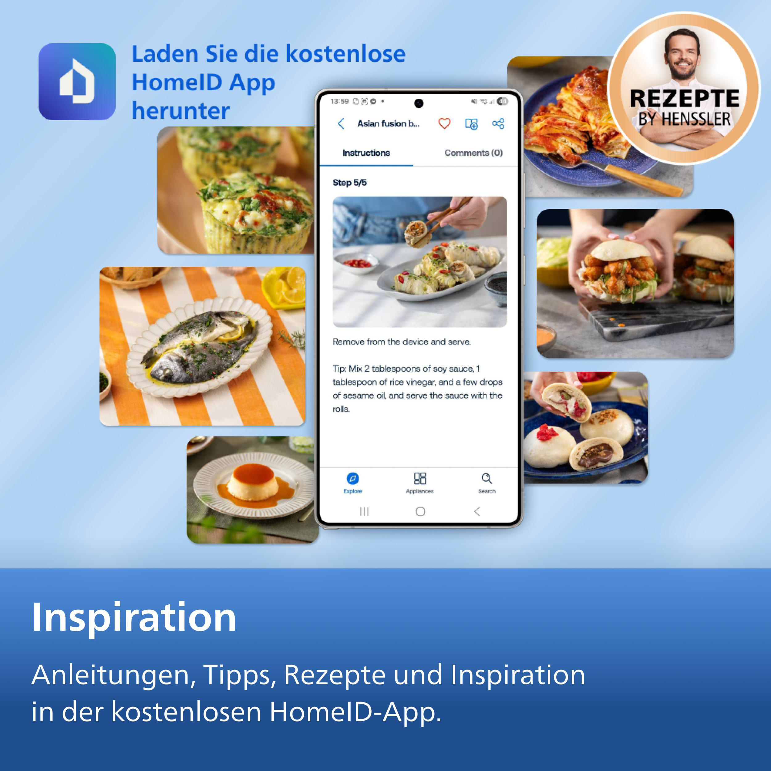 App-Anleitung mit Rezeptbildern: Lasagne, Fisch, Burger, Teigtaschen, Flan.