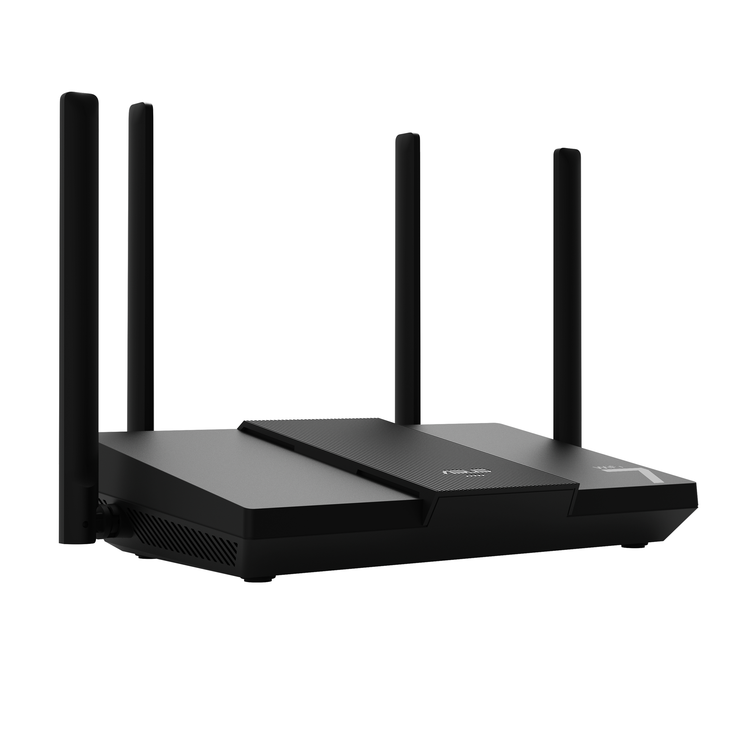 Ein schwarzer Router mit vier Antennen auf weißem Hintergrund.