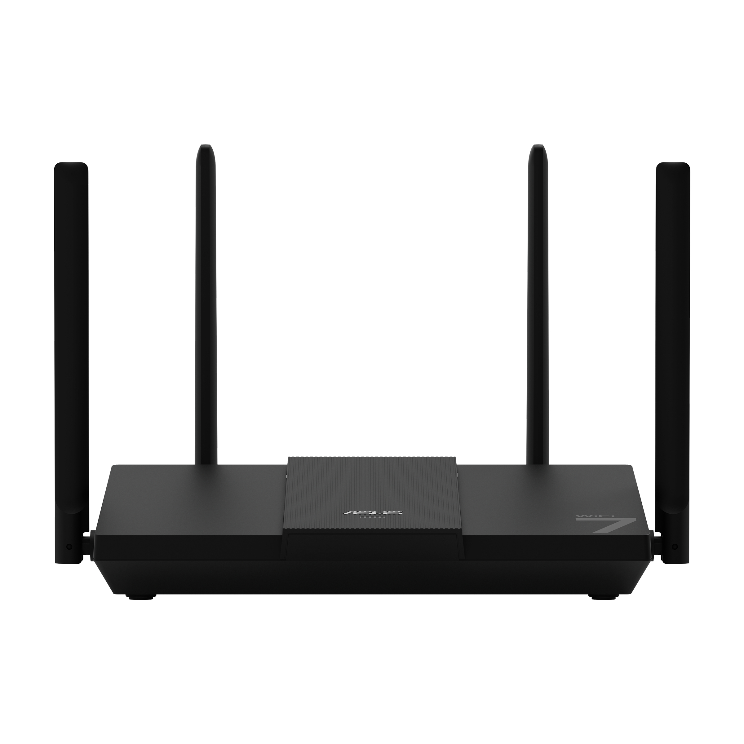 Ein schwarzer ASUS WiFi 7 Router mit vier Antennen auf weißem Hintergrund.