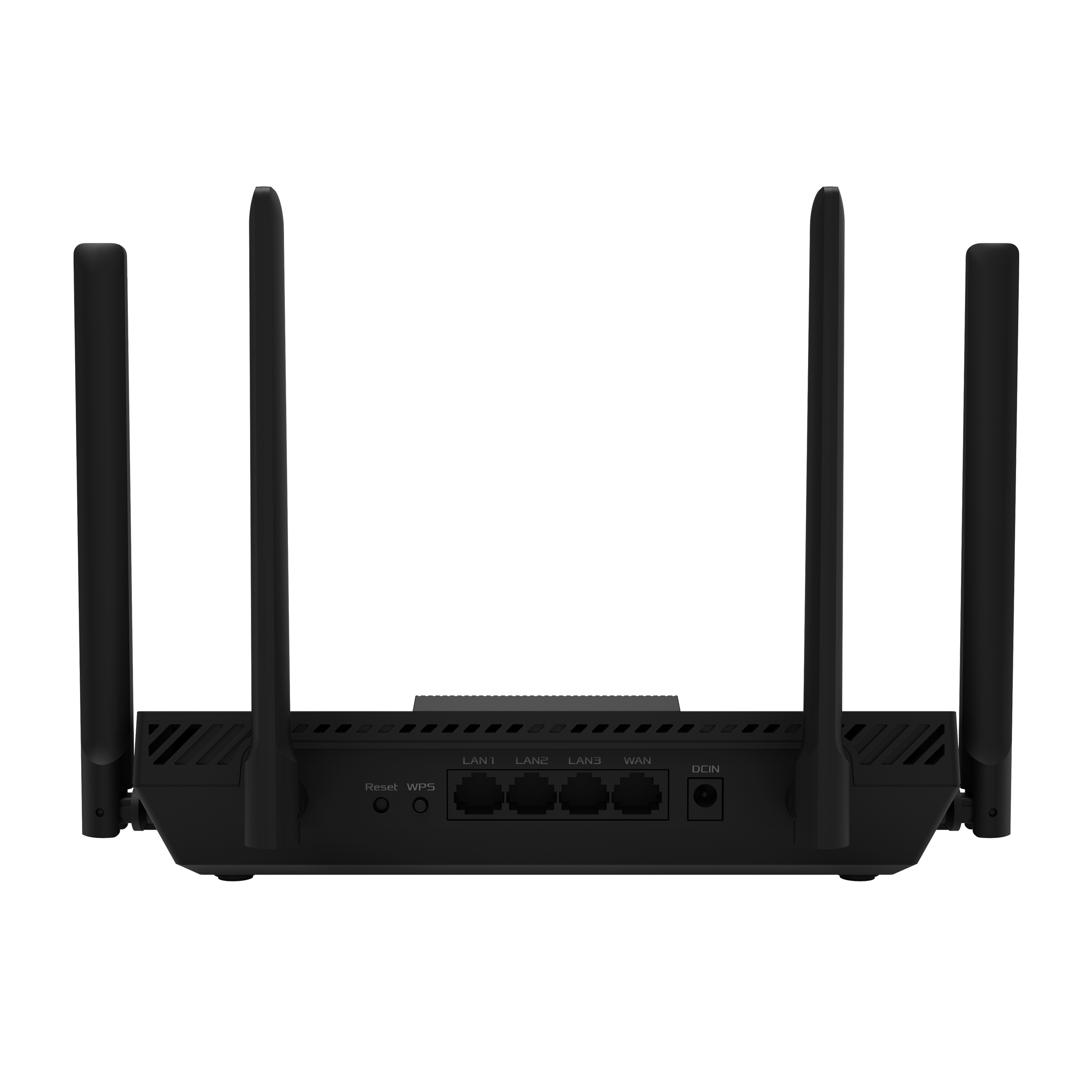 Schwarzer Router mit vier Antennen und Anschlüssen.