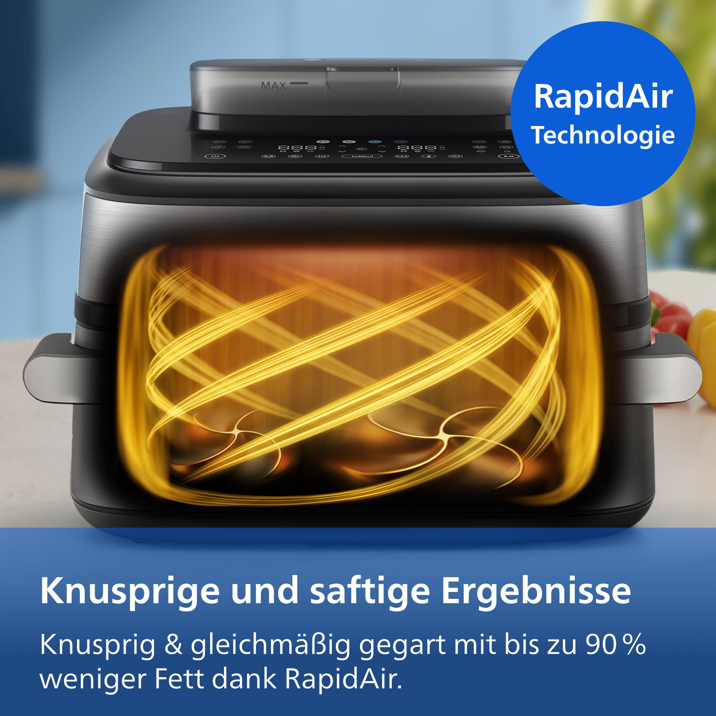 Ein moderner Heißluftfritteusen-Innenraum mit wirbelnden Heizspiralen.