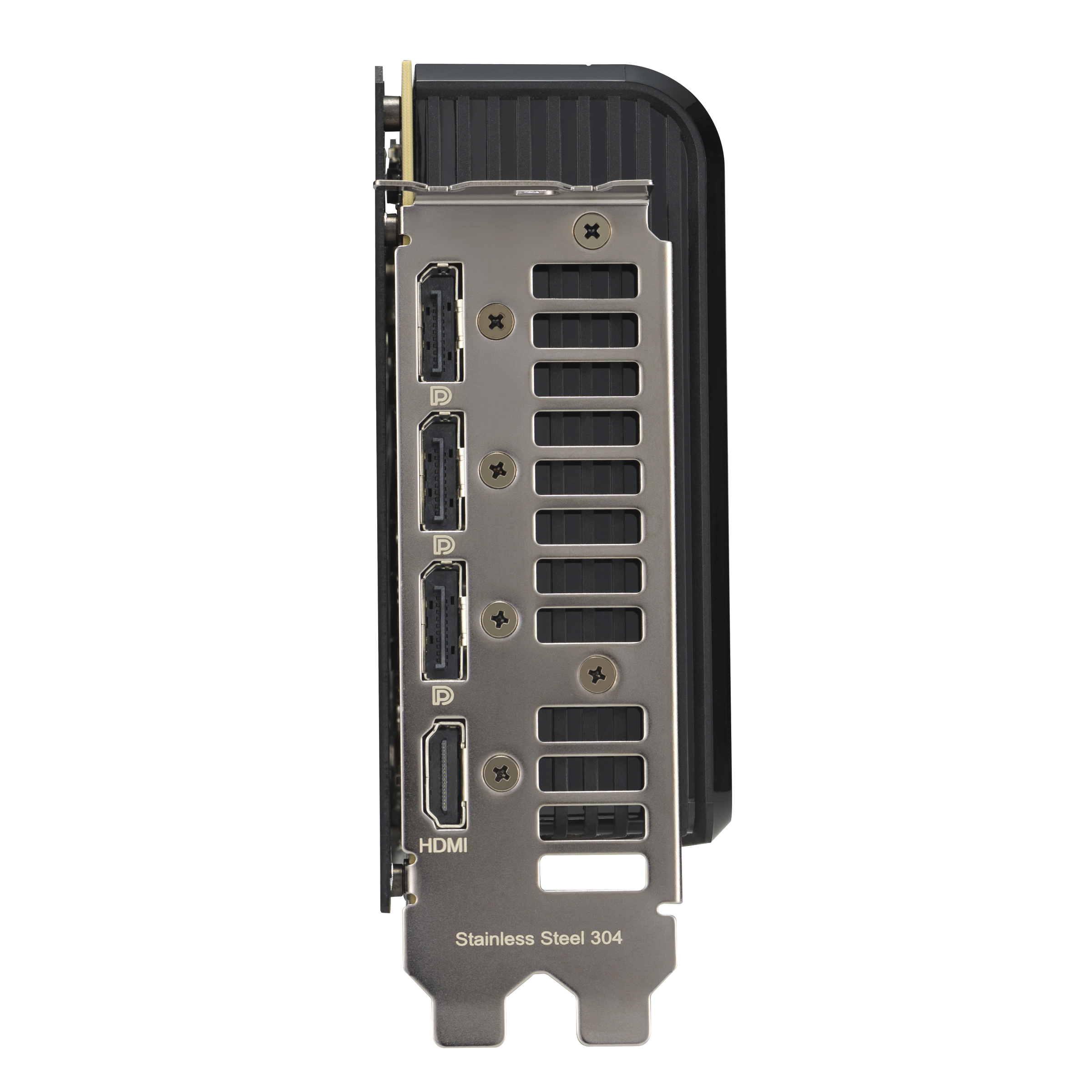 Rückseite einer Grafikkarte mit HDMI- und DisplayPort-Anschlüssen.
