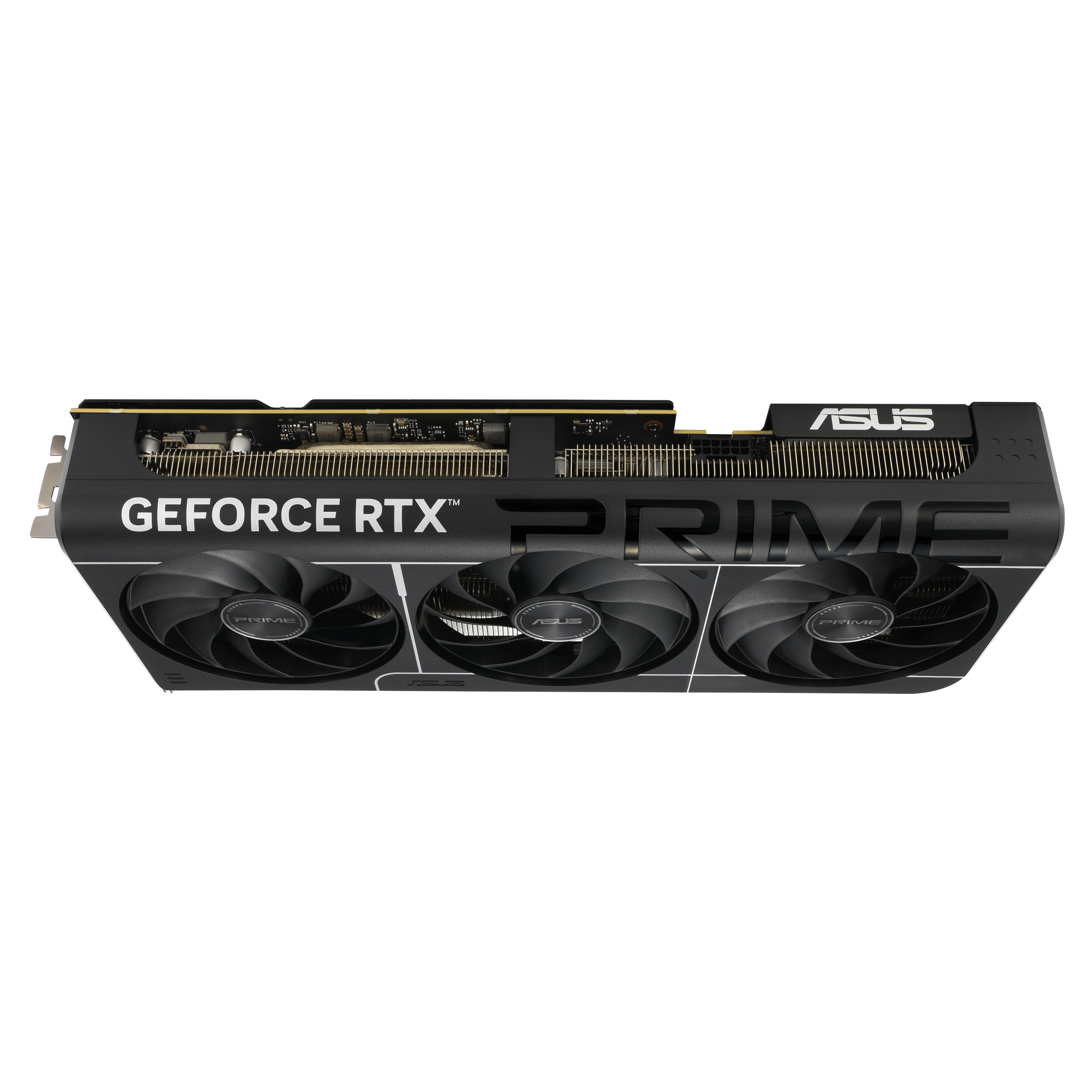 Schwarze Grafikkarte mit drei Lüftern und „GEFORCE RTX PRIME“-Aufschrift.