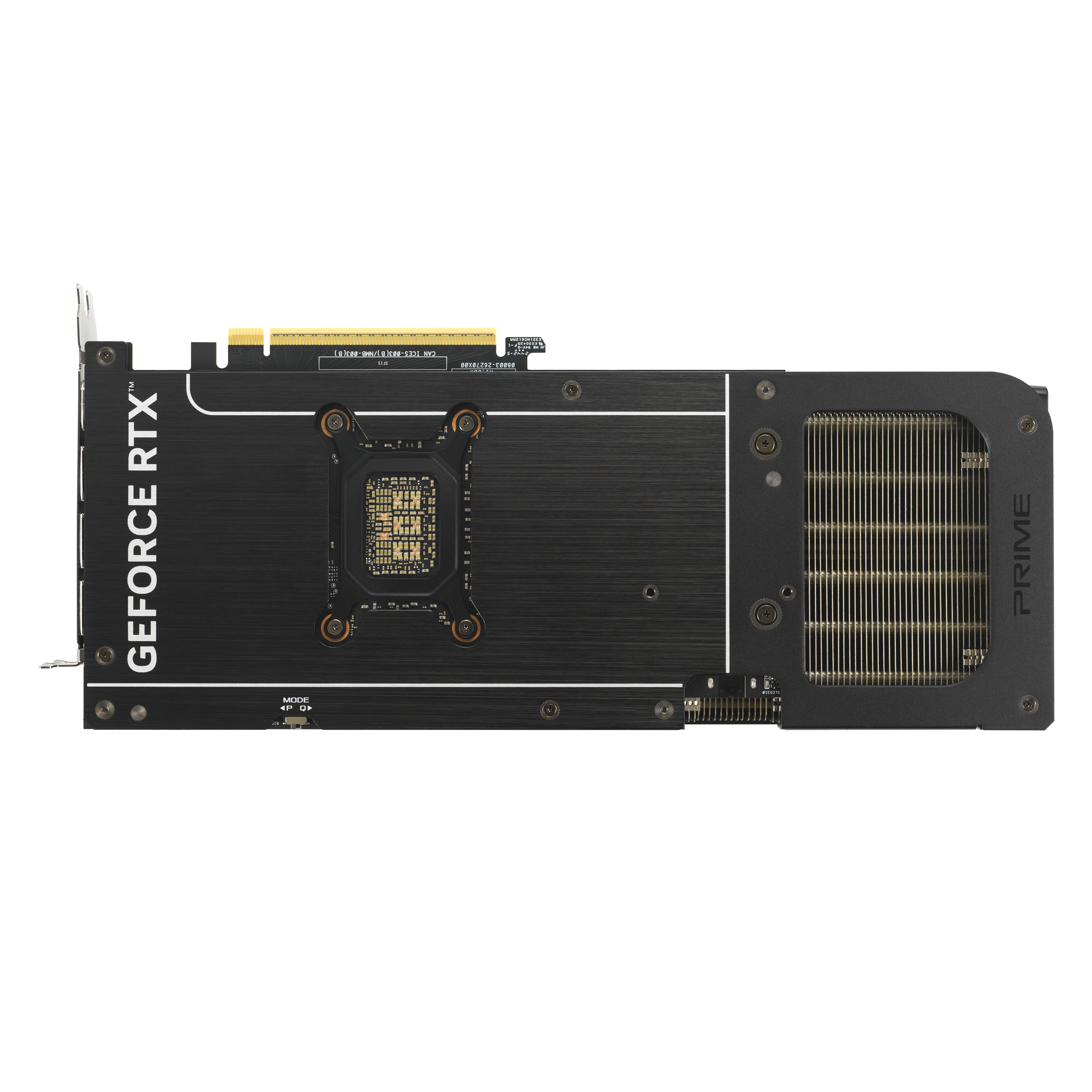 Rückseite einer schwarzen Grafikkarte mit 'GEFORCE RTX' und Lüftern.