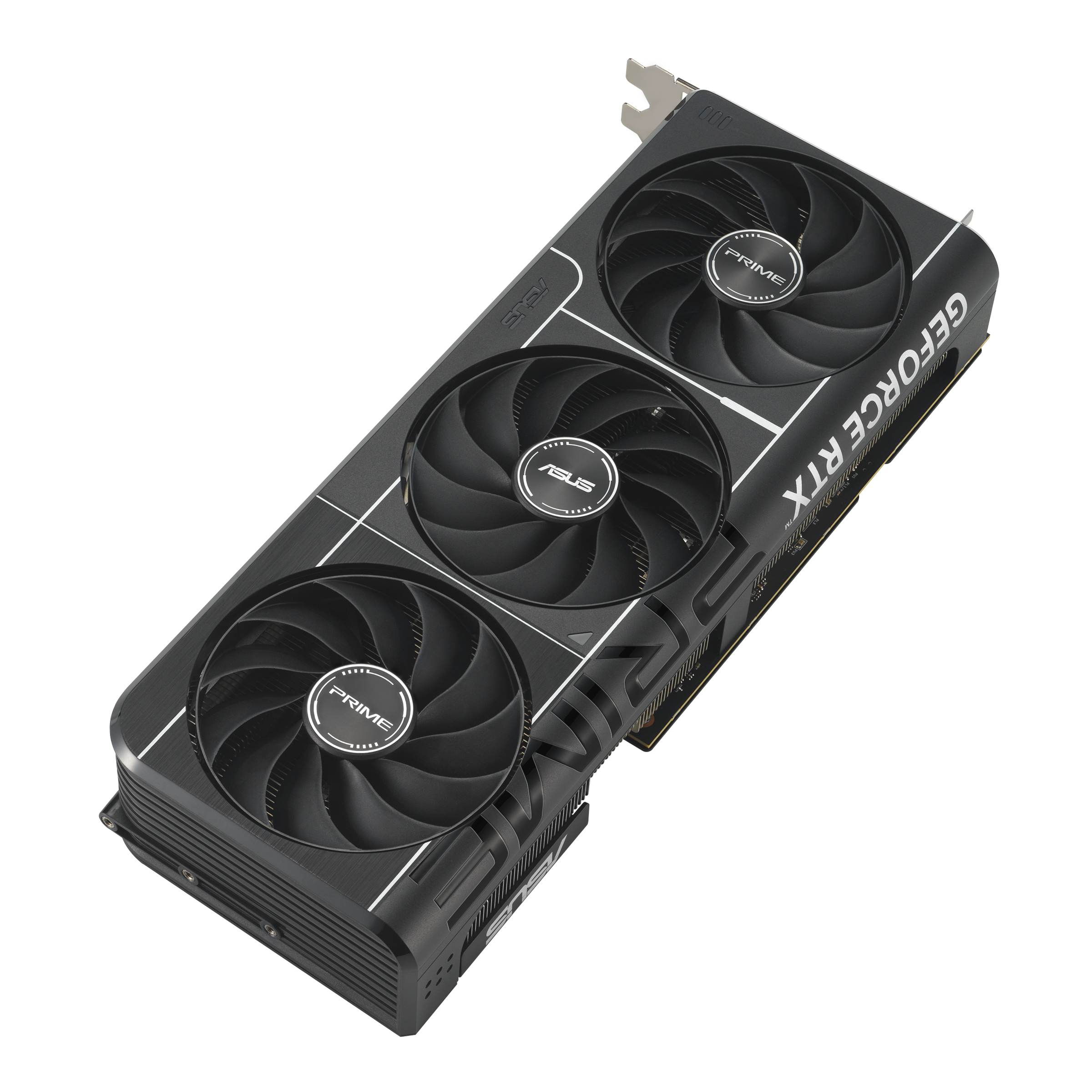 Schwarze Grafikkarte mit drei Lüftern, ASUS und GeForce RTX Schriftzug.