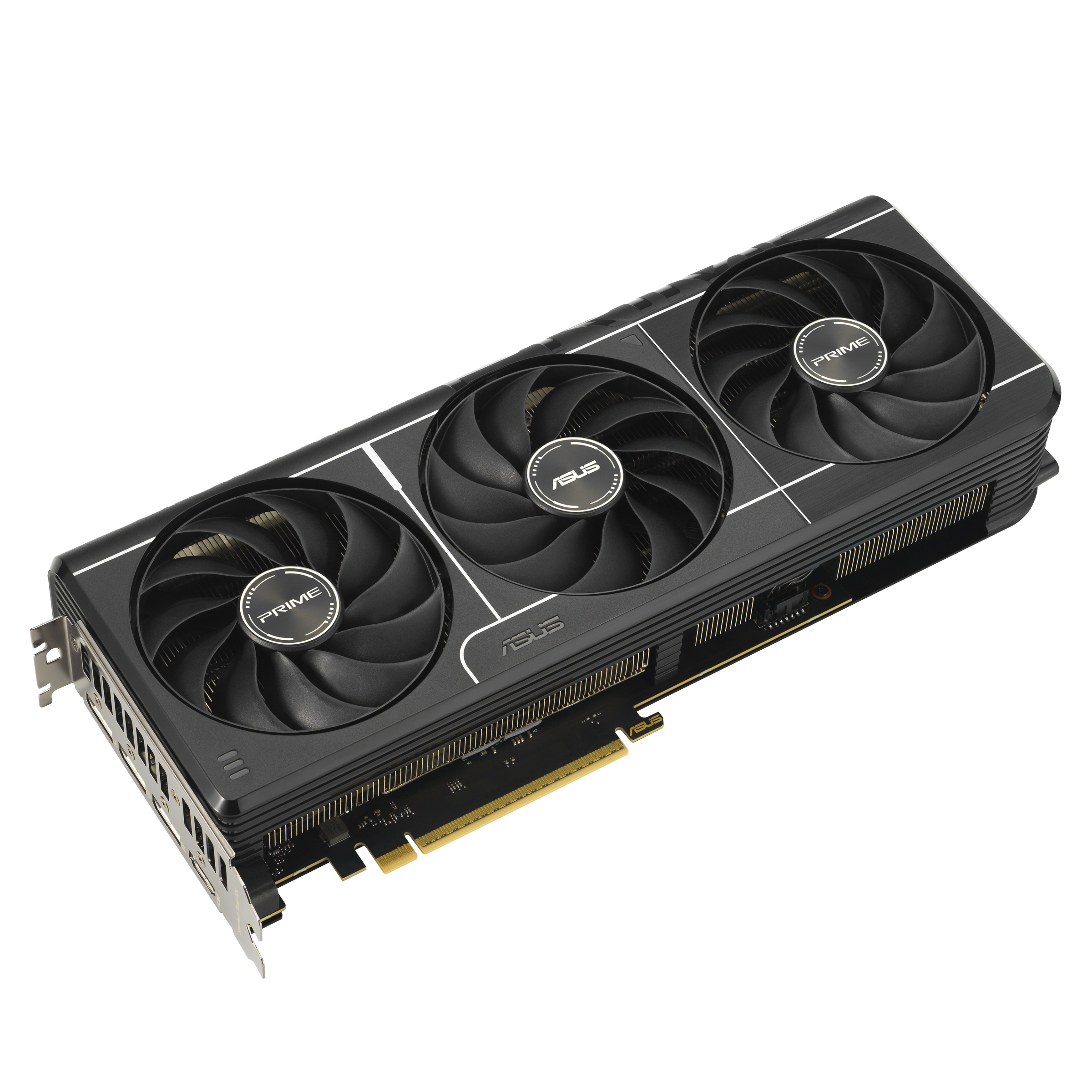 Schwarze Grafikkarte mit drei Lüftern, ASUS-Logo und goldenen Anschlüssen.