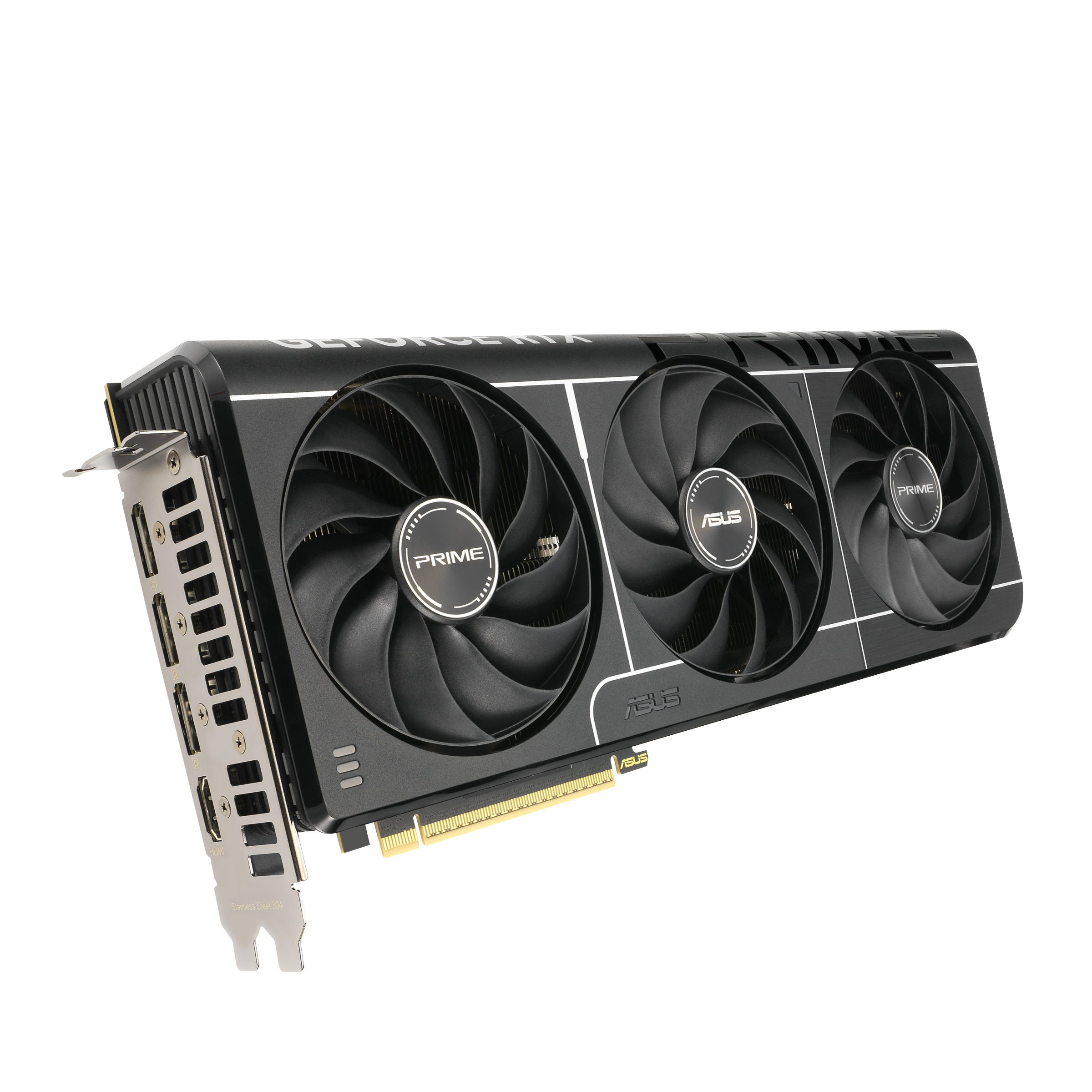 Schwarze Grafikkarte mit drei Lüftern, HDMI-Anschlüssen und Asus-Logo.