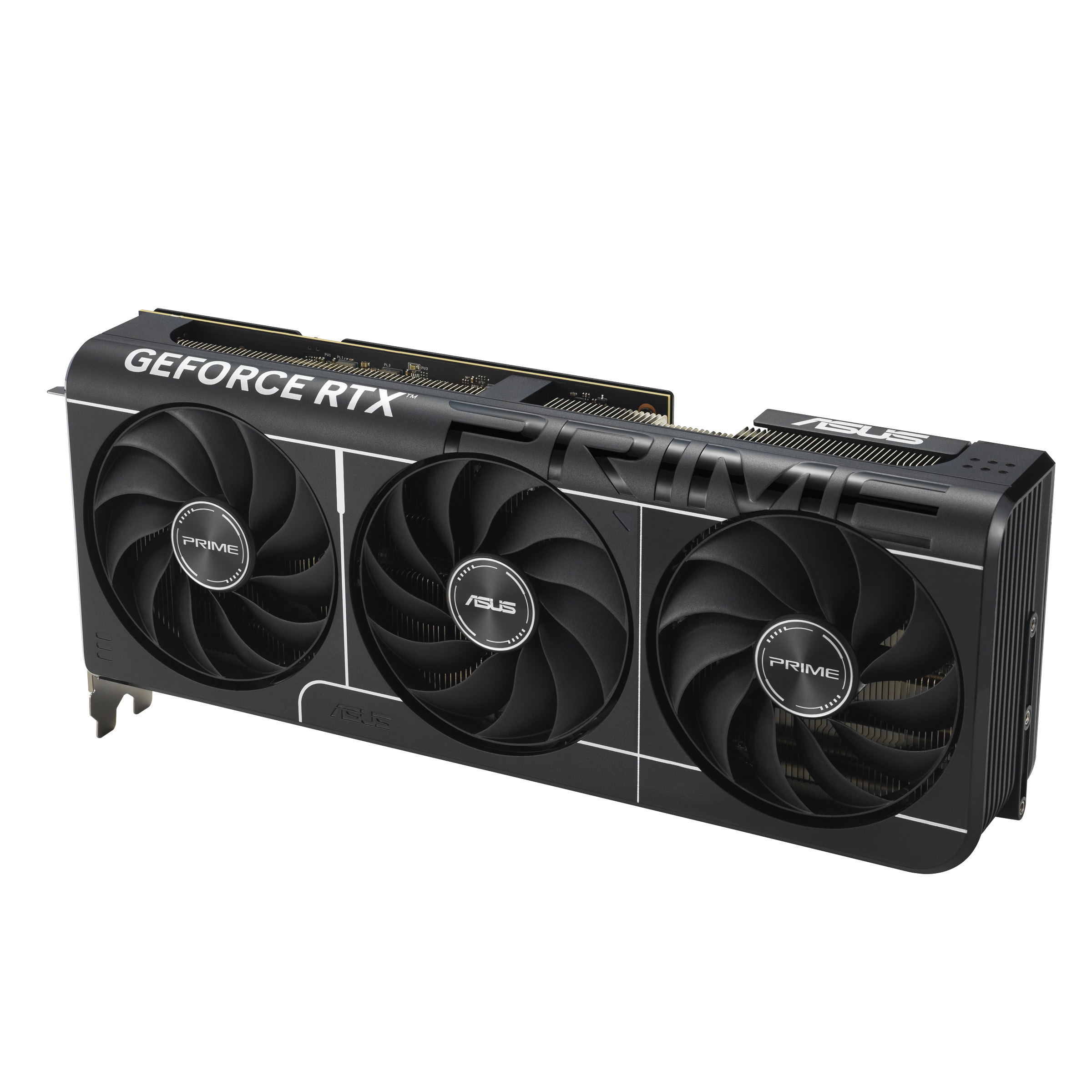 Schwarze Grafikkarte mit drei Lüftern und GeForce RTX-Logo.