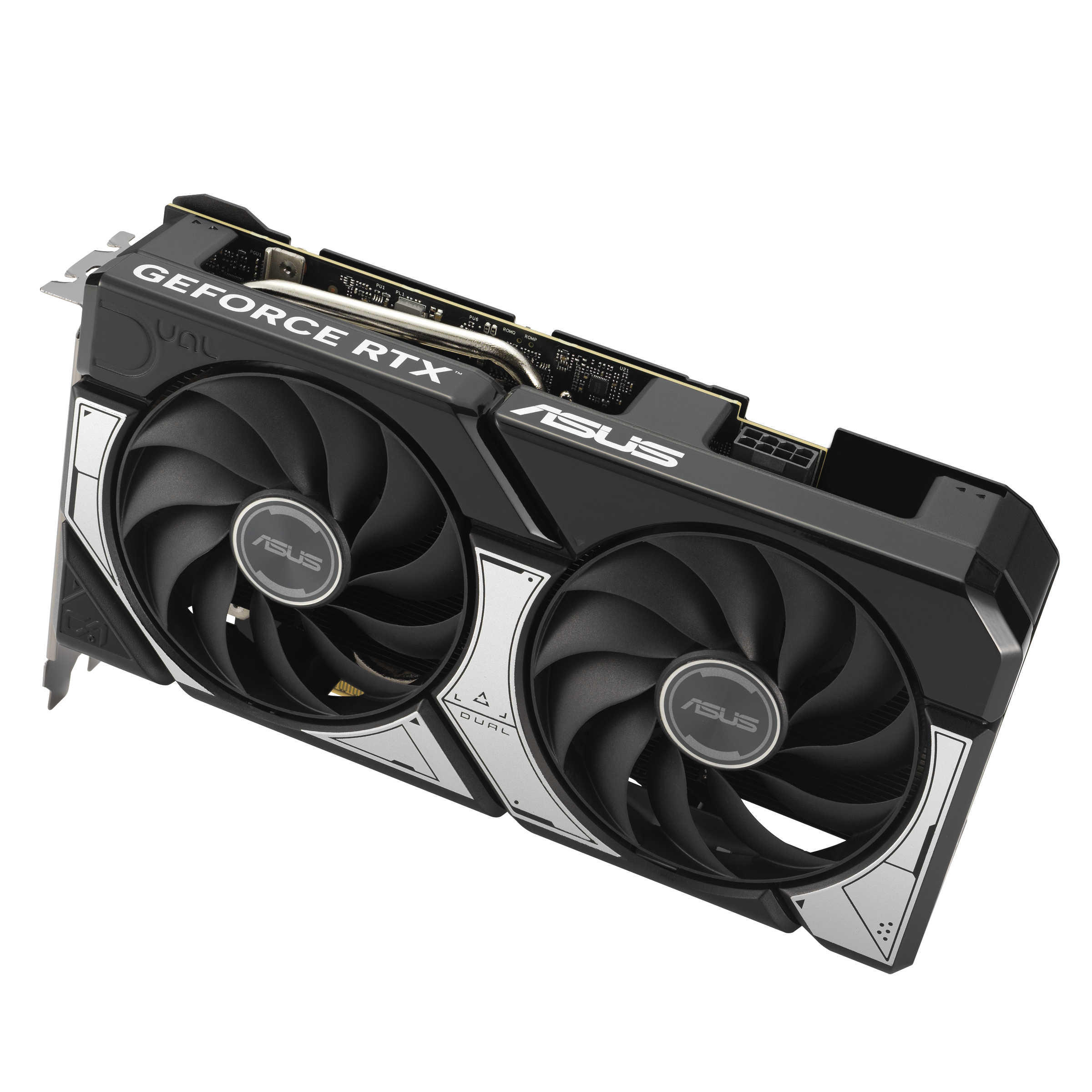 Eine schwarze ASUS GeForce RTX Grafikkarte mit zwei Lüftern und silbernen Akzenten.