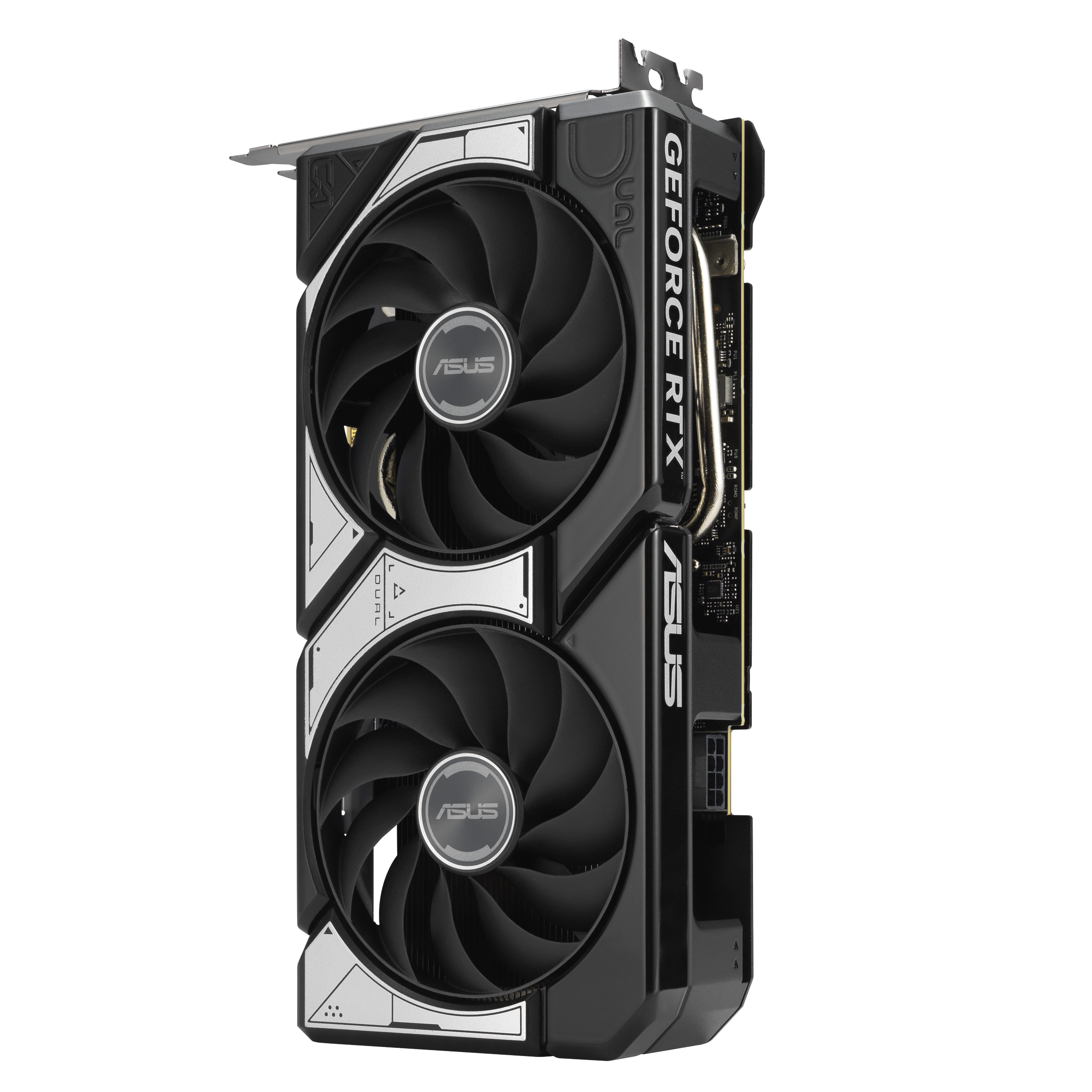 Eine schwarze ASUS GeForce RTX Grafikkarte mit zwei Lüftern und silbernen Akzenten.