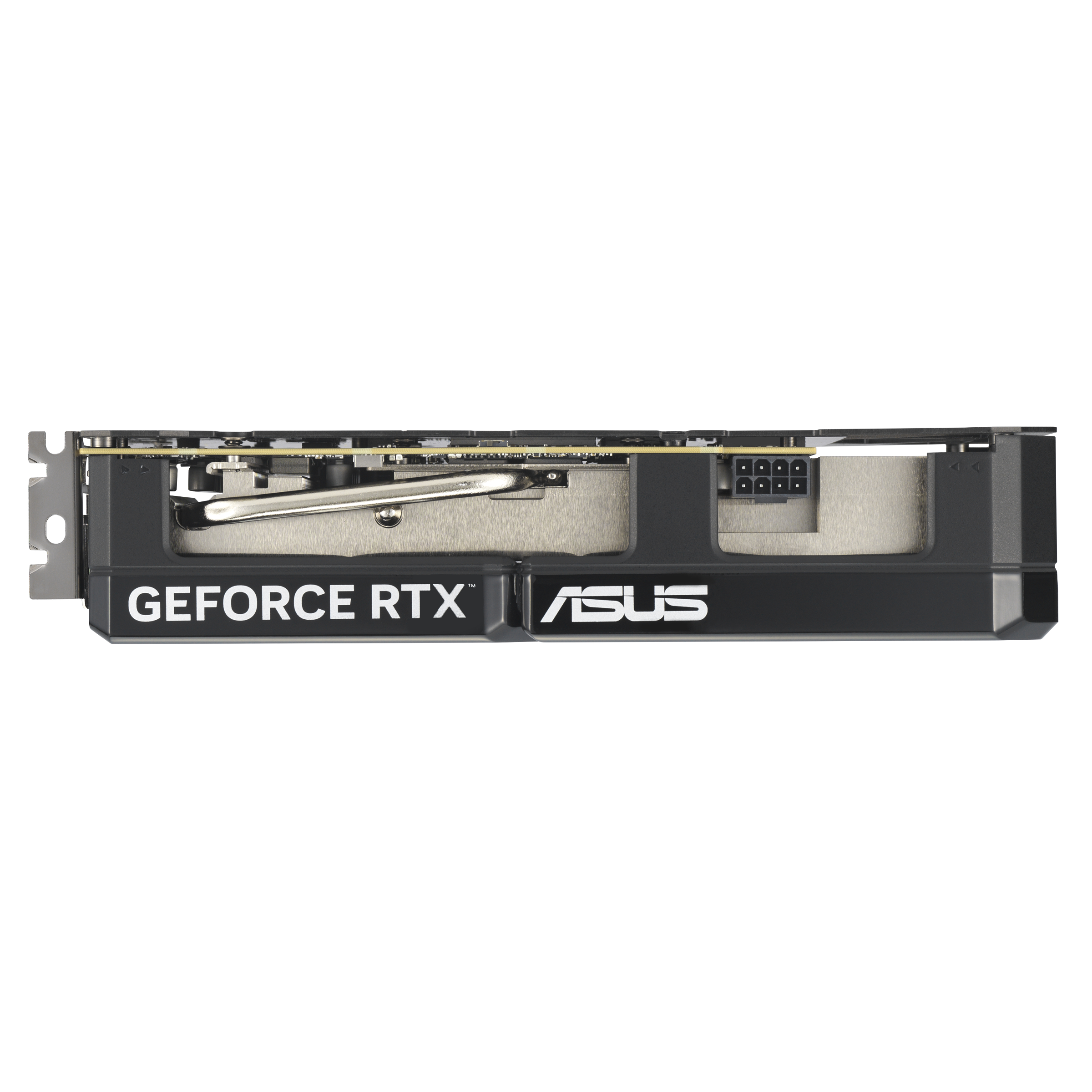 Ein Computer-Grafikkarte mit „GEFORCE RTX“ und „ASUS“ Schriftzug auf weißem Grund.