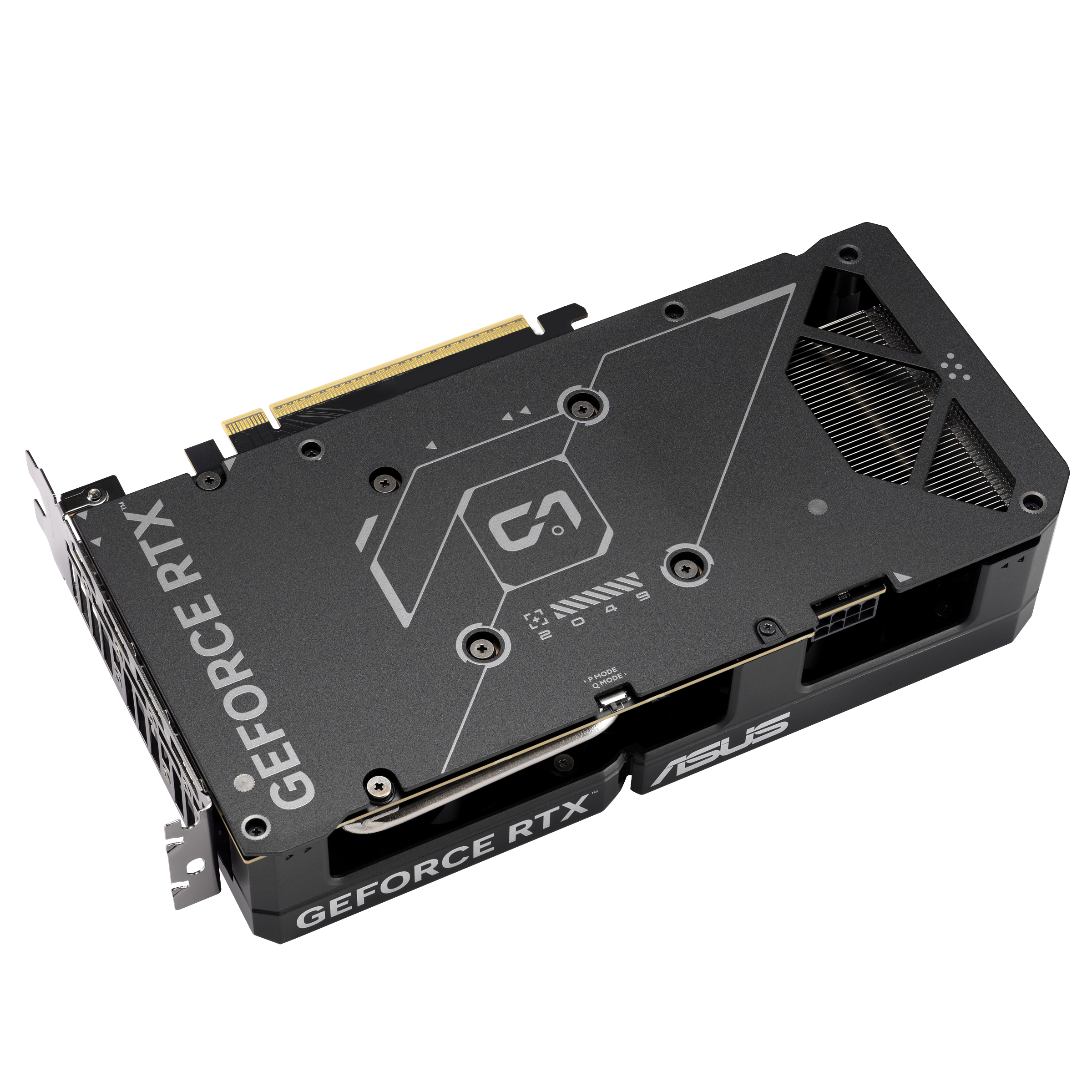 Schwarze Grafikkarte mit „GEFORCE RTX“-Aufdruck und silbernen Akzenten.