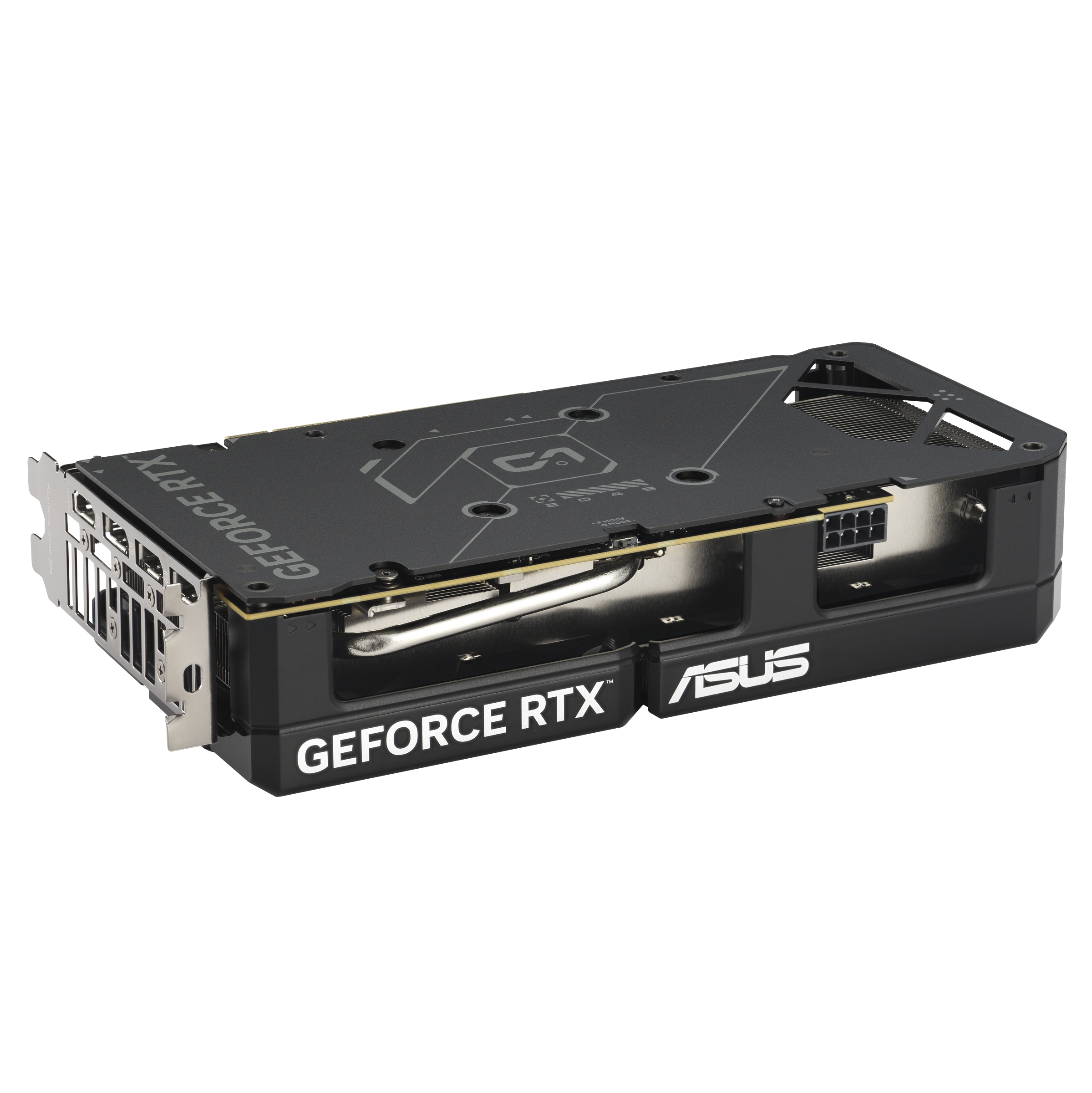 Schwarze ASUS GeForce RTX Grafikkarte mit silbernen Akzenten und Lüfterschlitzen.