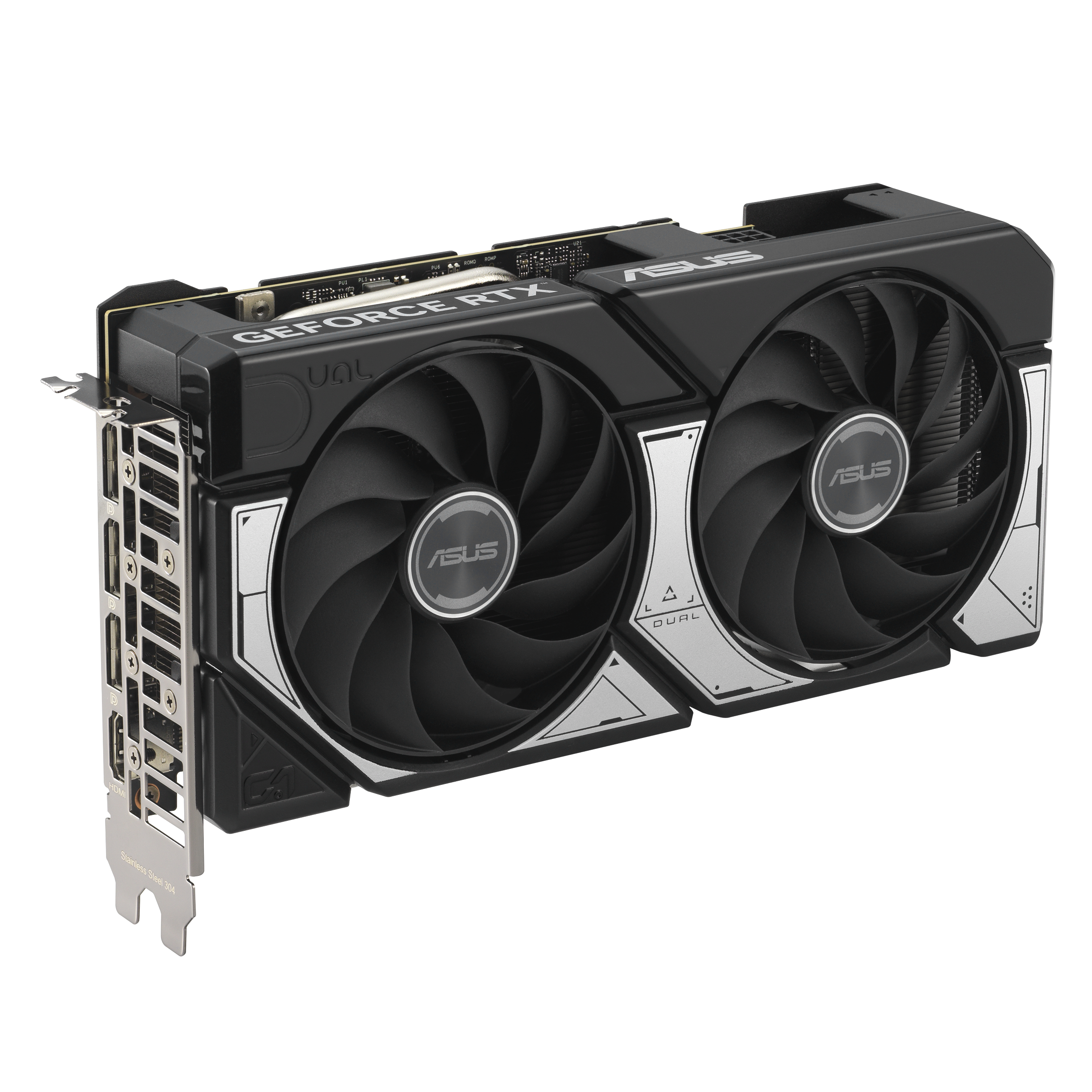 Schwarze ASUS GeForce RTX Grafikkarte mit zwei Lüftern und silbernen Akzenten.