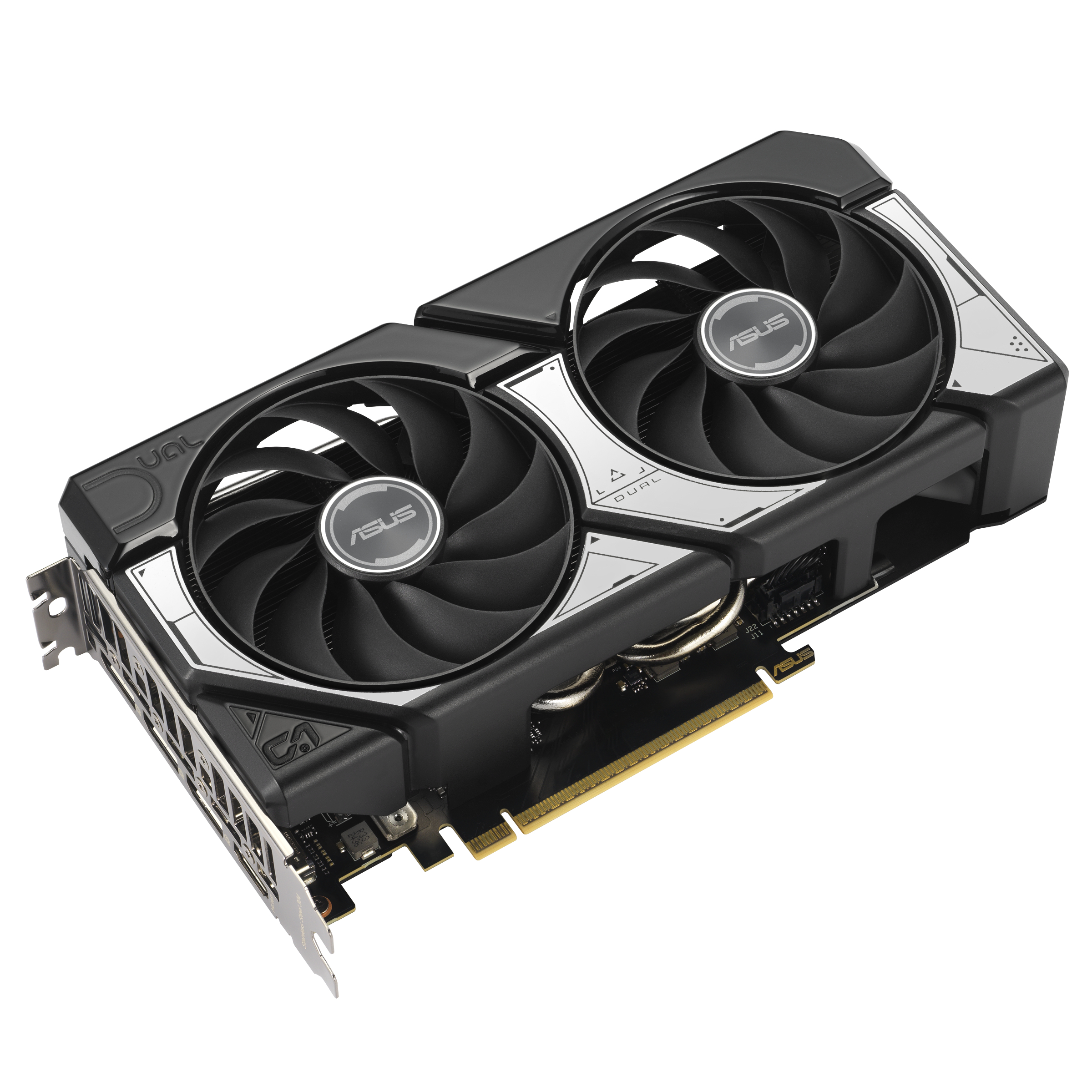 Ein schwarzes ASUS-Grafikkarte mit zwei Lüftern und silbernen Akzenten.