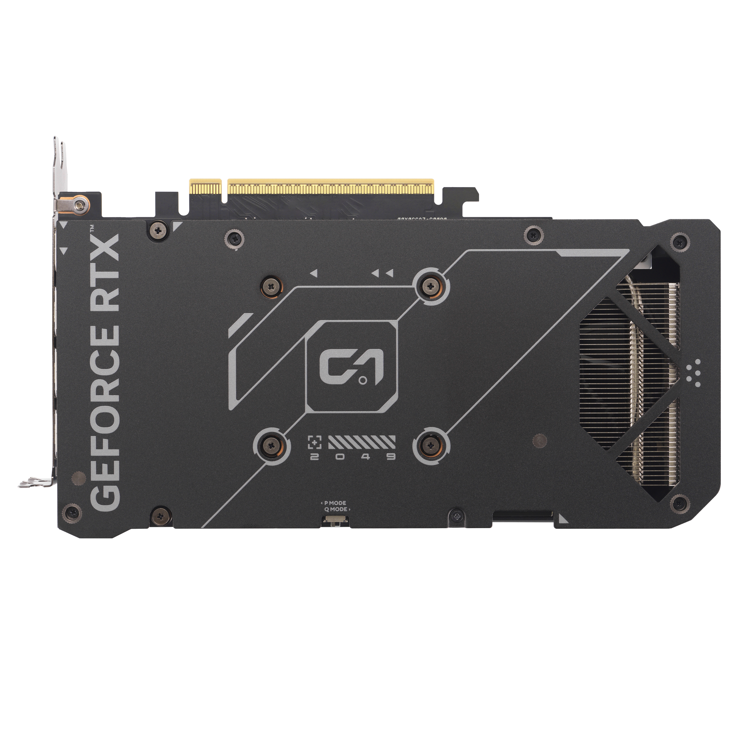 Rückseite einer schwarzen GeForce RTX-Grafikkarte mit silbernen Akzenten.
