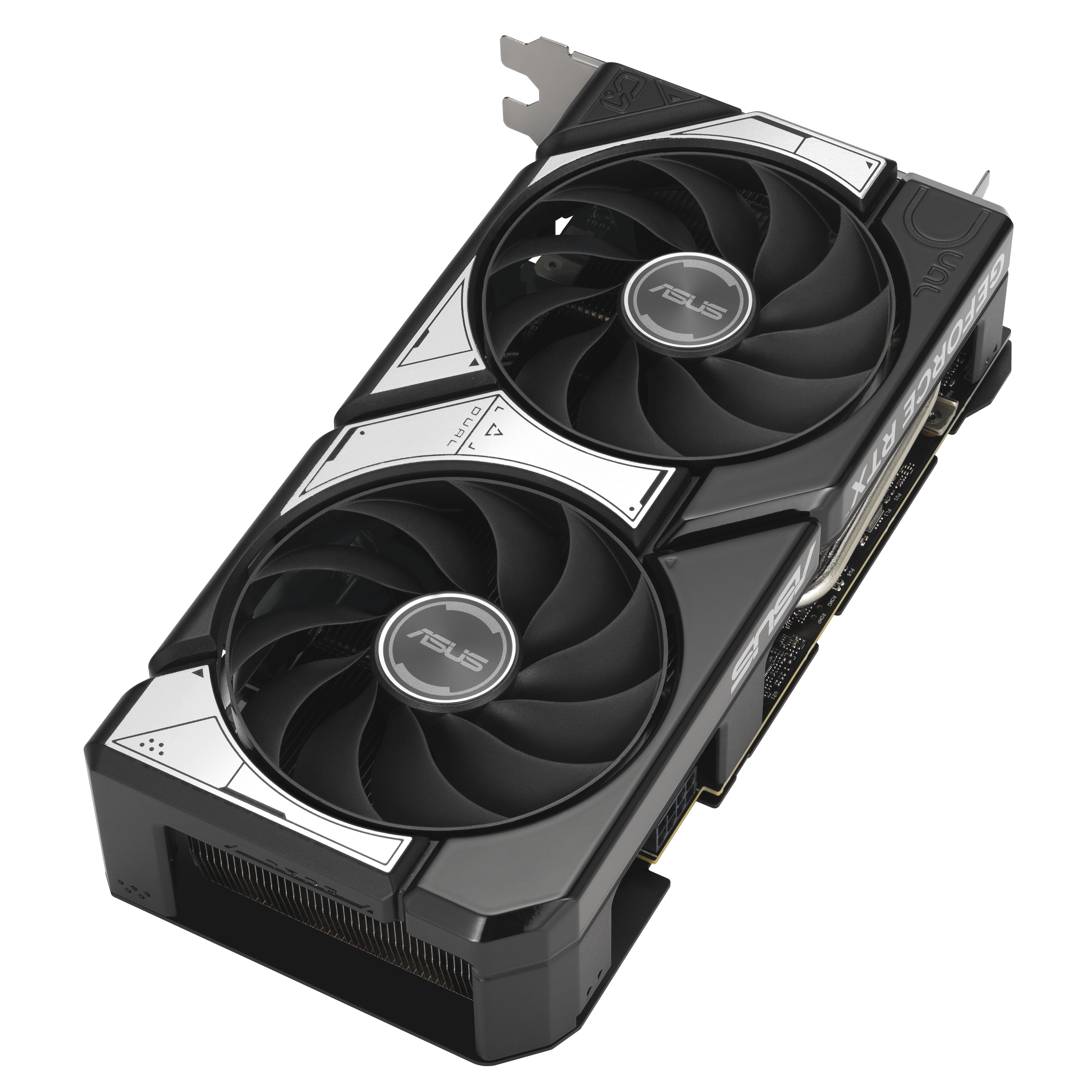 Schwarze ASUS GeForce RTX Grafikkarte mit zwei Lüftern und silbernen Akzenten.