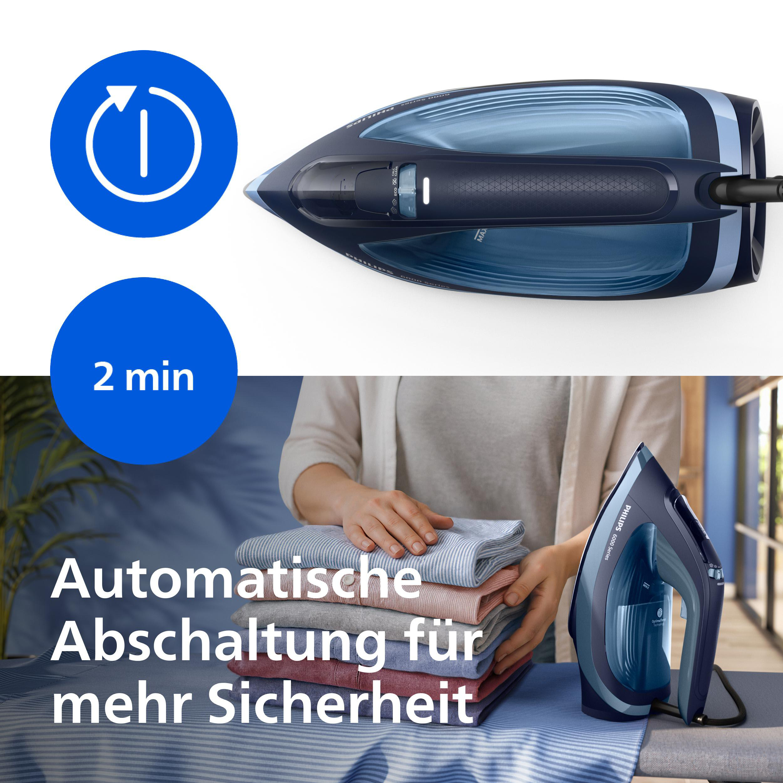Dampfbügeleisen mit automatischer Abschaltung nach 2 Min. und Bügelwäsche.