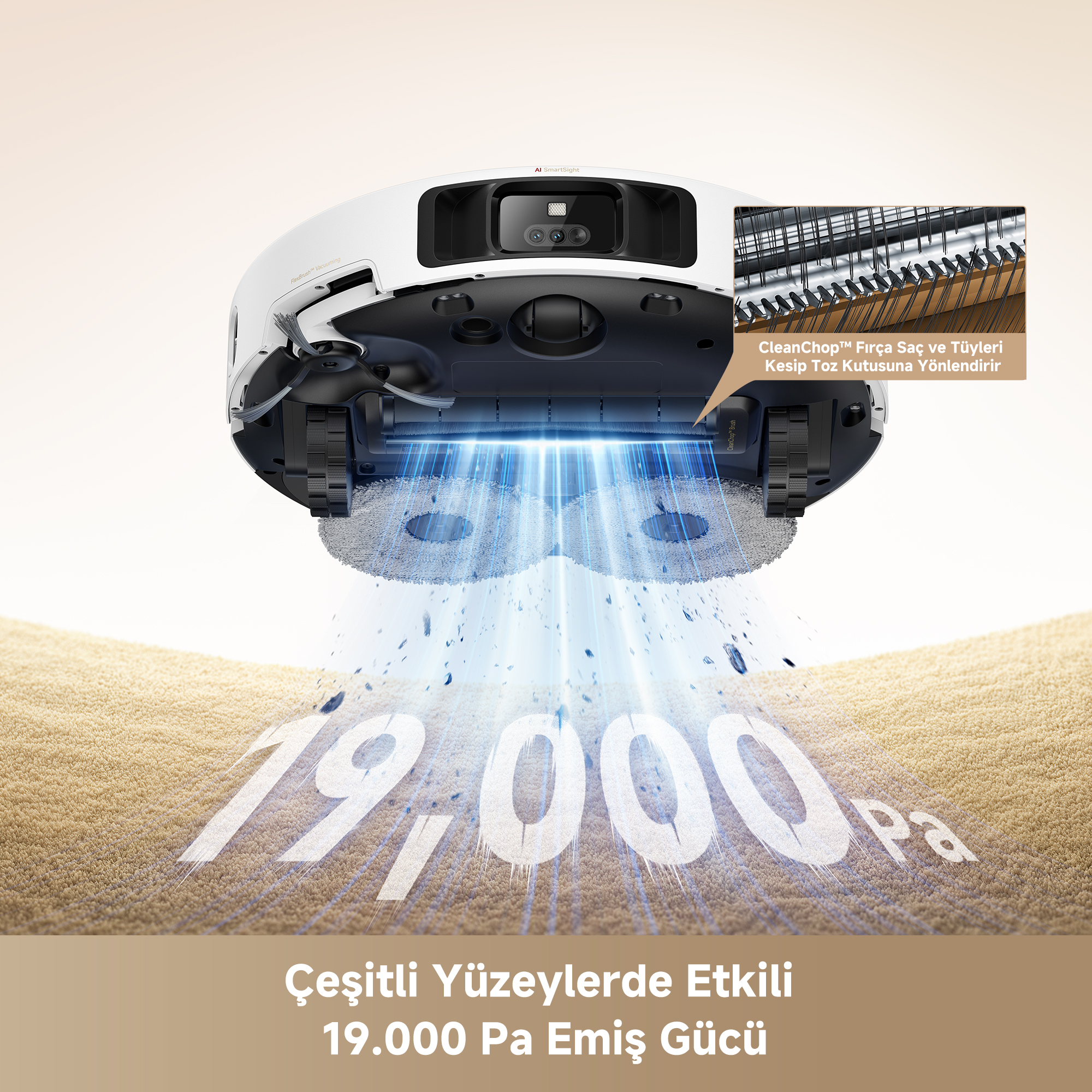 Beyaz robot süpürge, 19.000 Pa emiş gücüyle halıdaki kiri temizler.