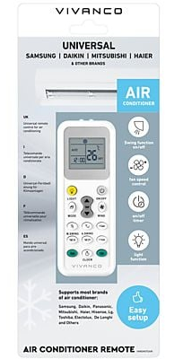 Uniwersalny pilot Vivanco do klimatyzatora z ekranem LCD i przyciskami.