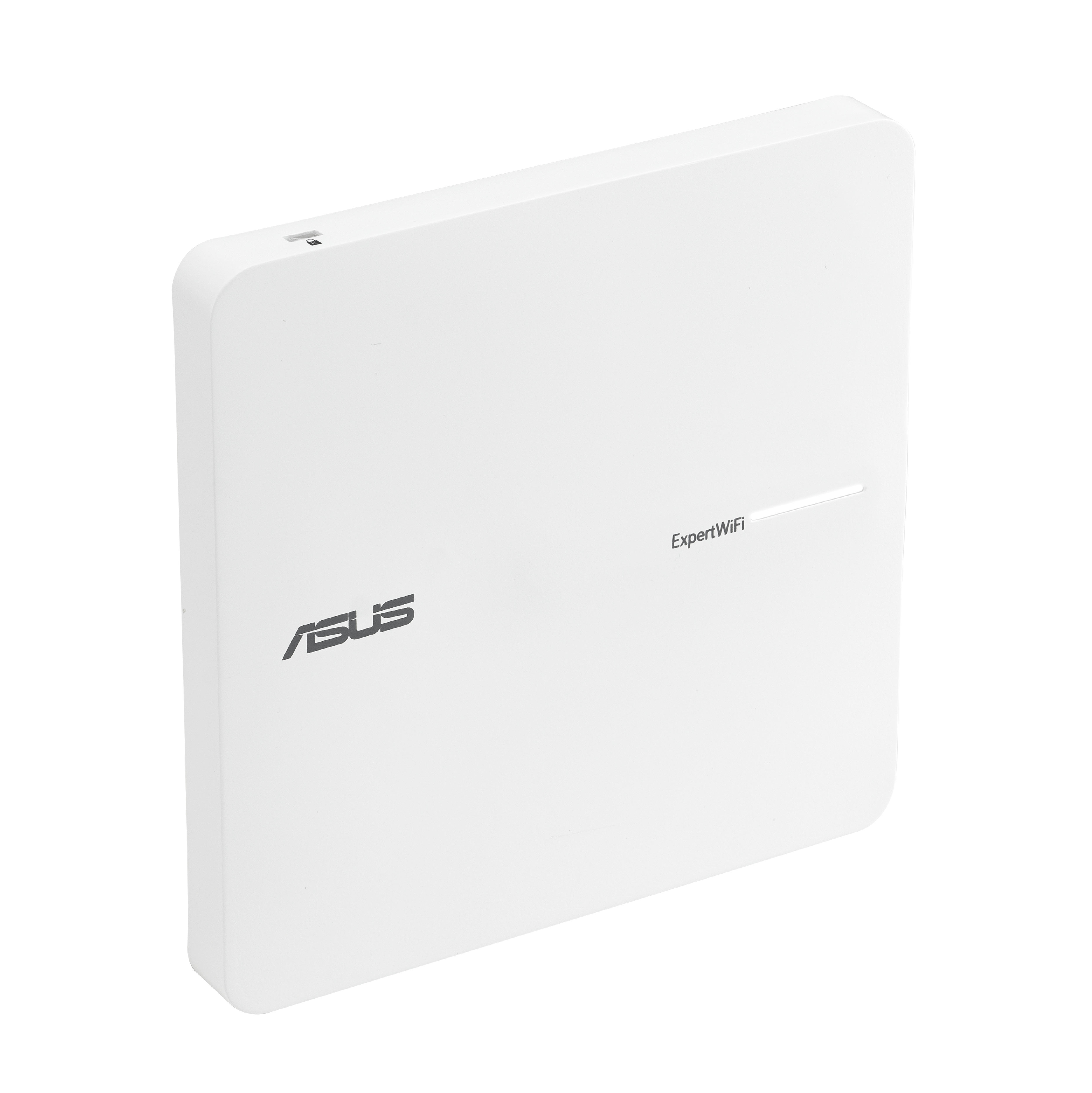 Weiße Asus ExpertWiFi Box mit schwarzem Logo und schmalem Lichtstreifen.