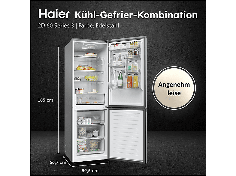 HAIER HDPR1618ANPK 2D 60 Series 3 Kühlgefrierkombination (A, 355 l, 1850 mm hoch, Inox)