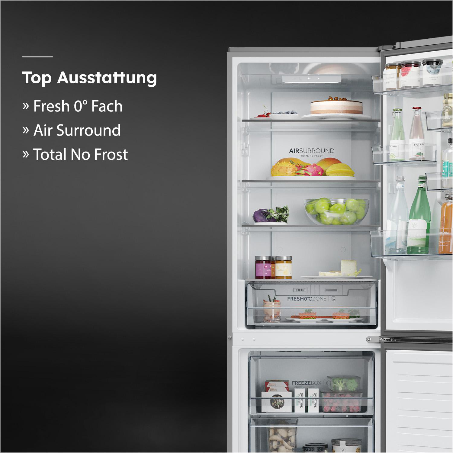 Kühlschrank mit Lebensmitteln: Kuchen, Obst, Gemüse, Getränke und Gläser.